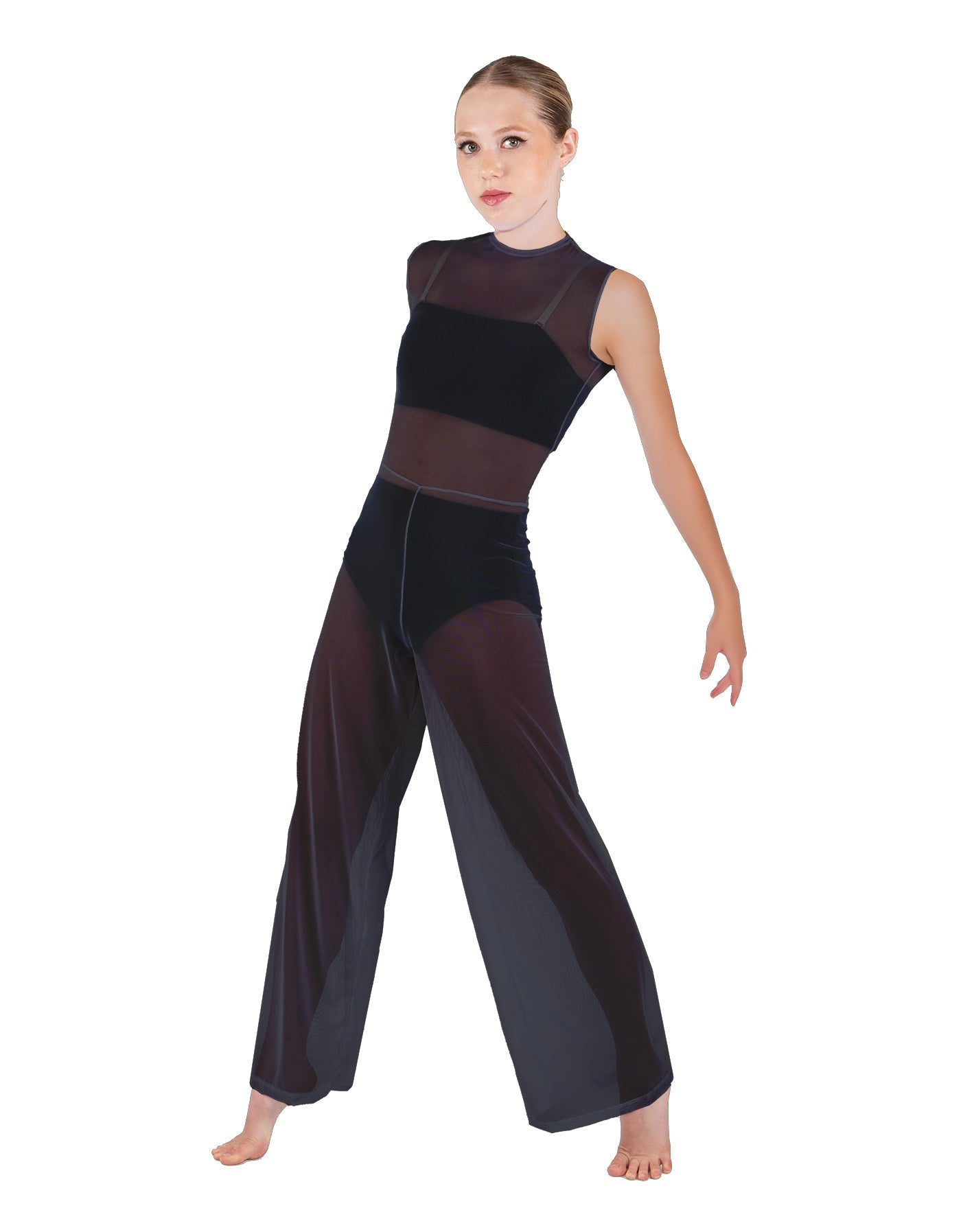 Solid Lycra Keyhole Wide Leg Mesh Unitard with Bandeau and Panty