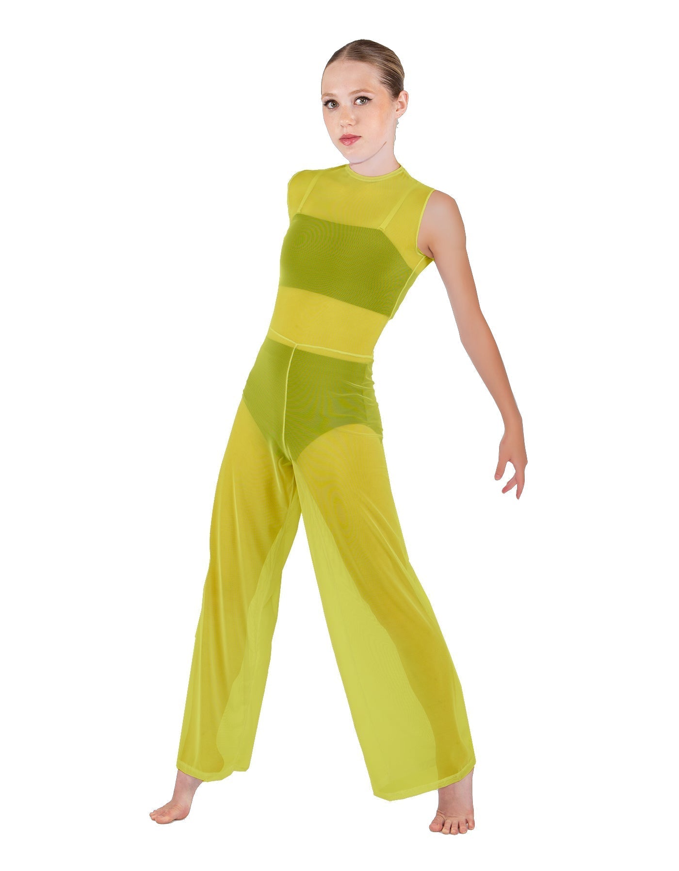 Solid Lycra Keyhole Wide Leg Mesh Unitard with Bandeau and Panty