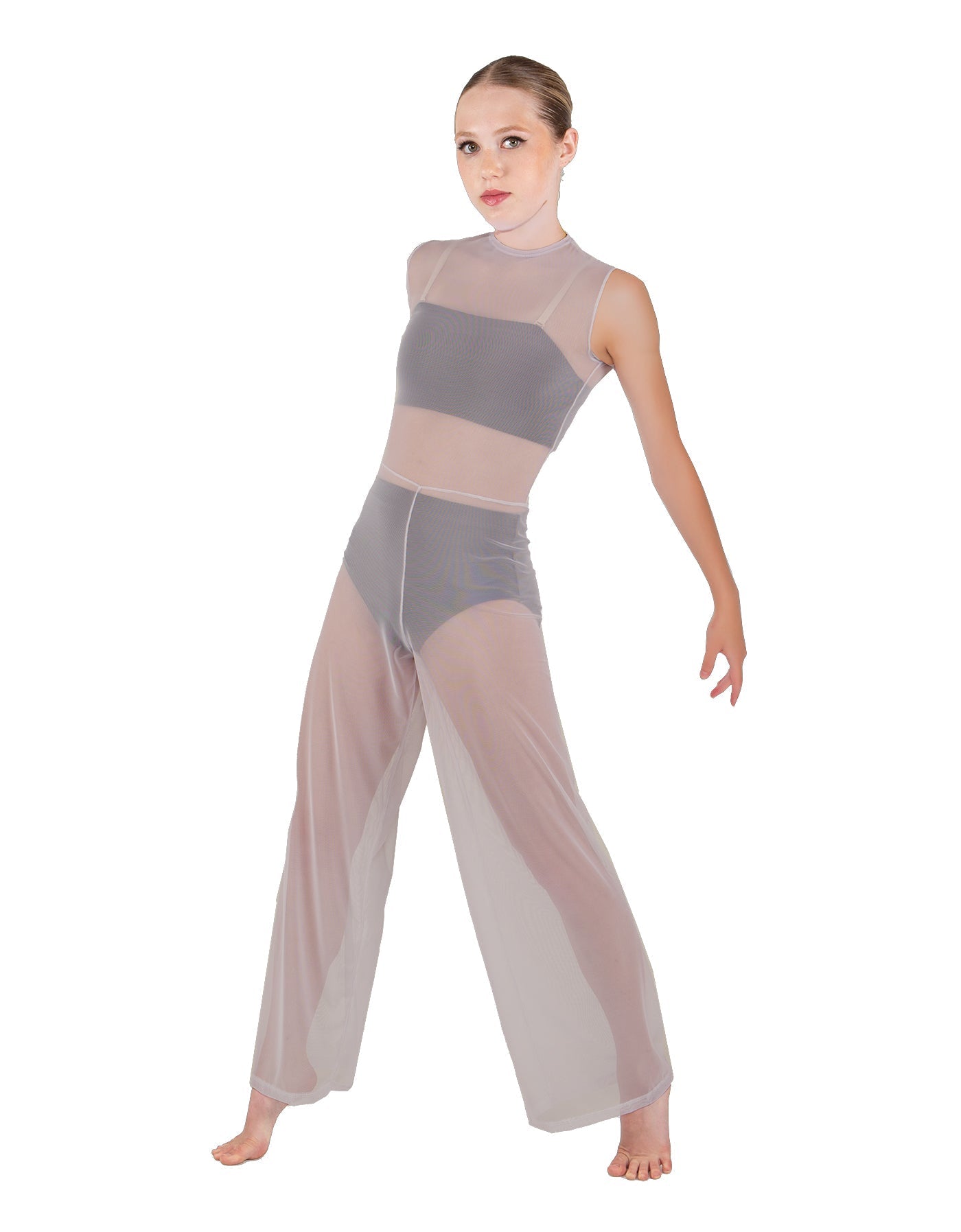 Solid Lycra Keyhole Wide Leg Mesh Unitard with Bandeau and Panty