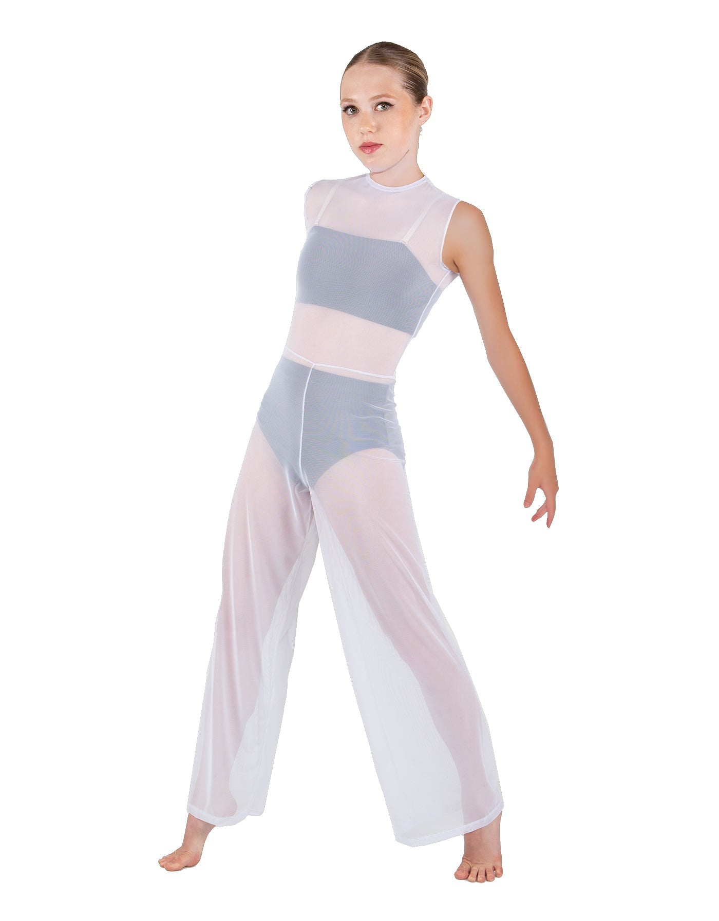 Solid Lycra Keyhole Wide Leg Mesh Unitard with Bandeau and Panty