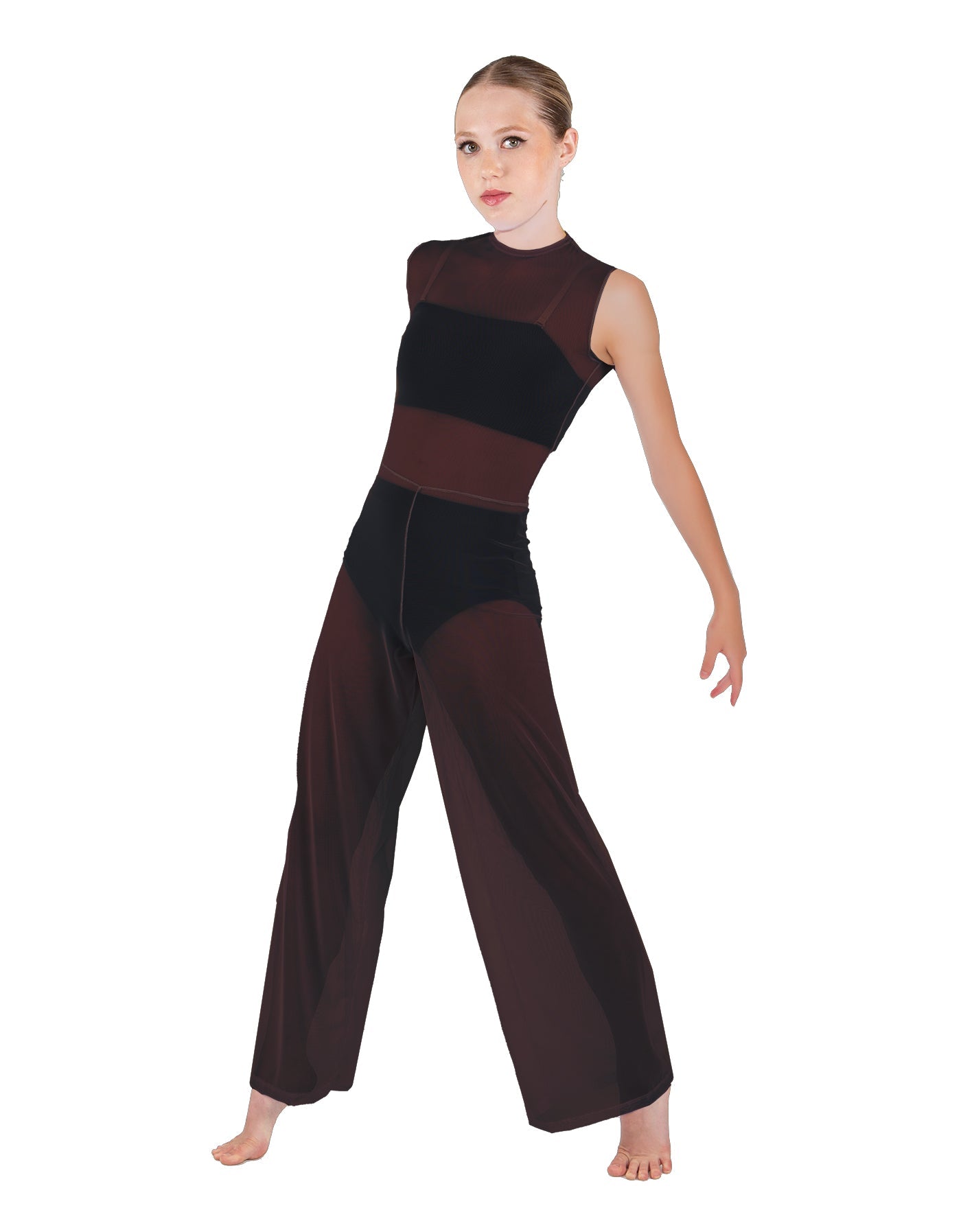 Solid Lycra Keyhole Wide Leg Mesh Unitard with Bandeau and Panty