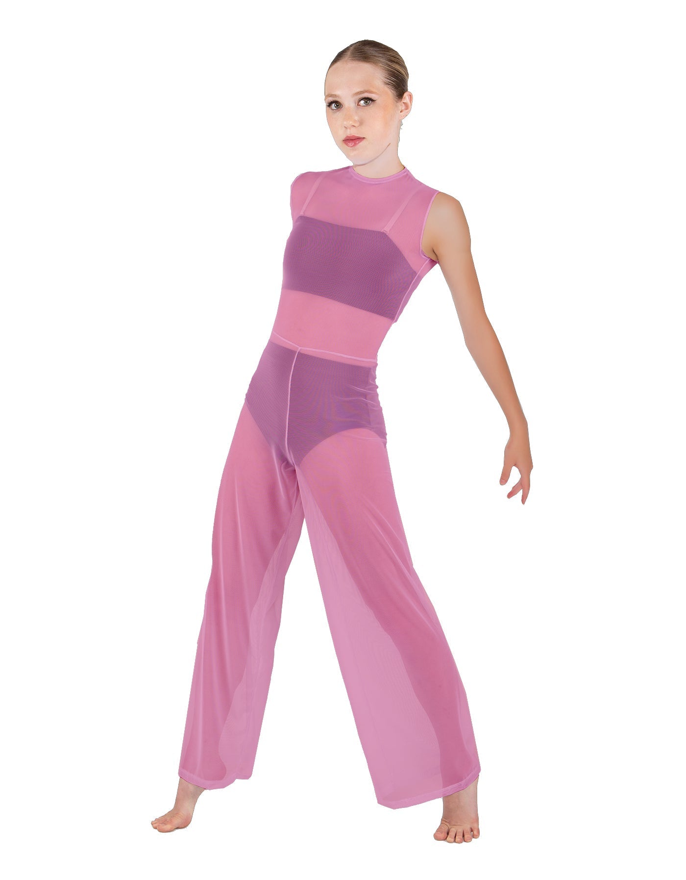 Solid Lycra Keyhole Wide Leg Mesh Unitard with Bandeau and Panty