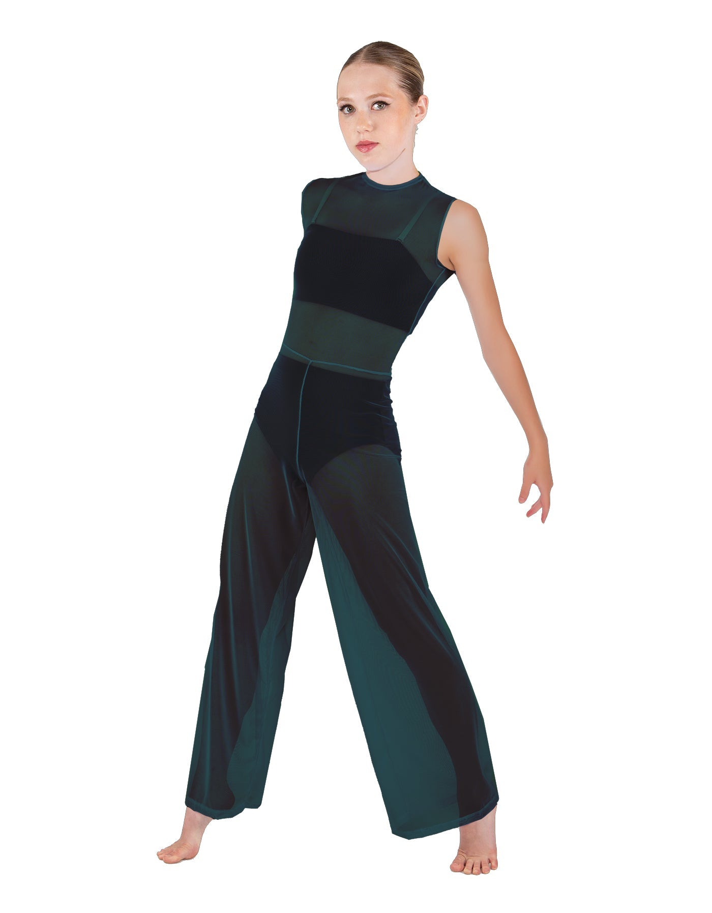Solid Lycra Keyhole Wide Leg Mesh Unitard with Bandeau and Panty