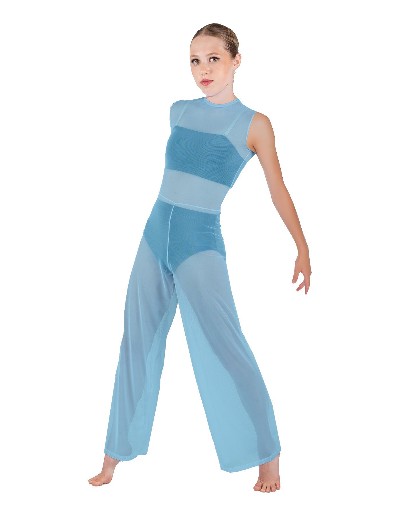 Solid Lycra Keyhole Wide Leg Mesh Unitard with Bandeau and Panty