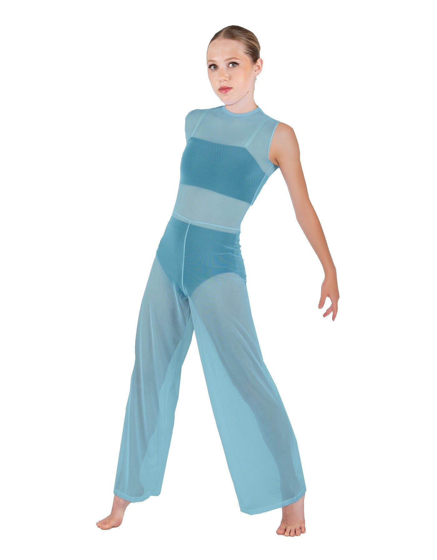 Solid Lycra Keyhole Wide Leg Mesh Unitard with Bandeau and Panty