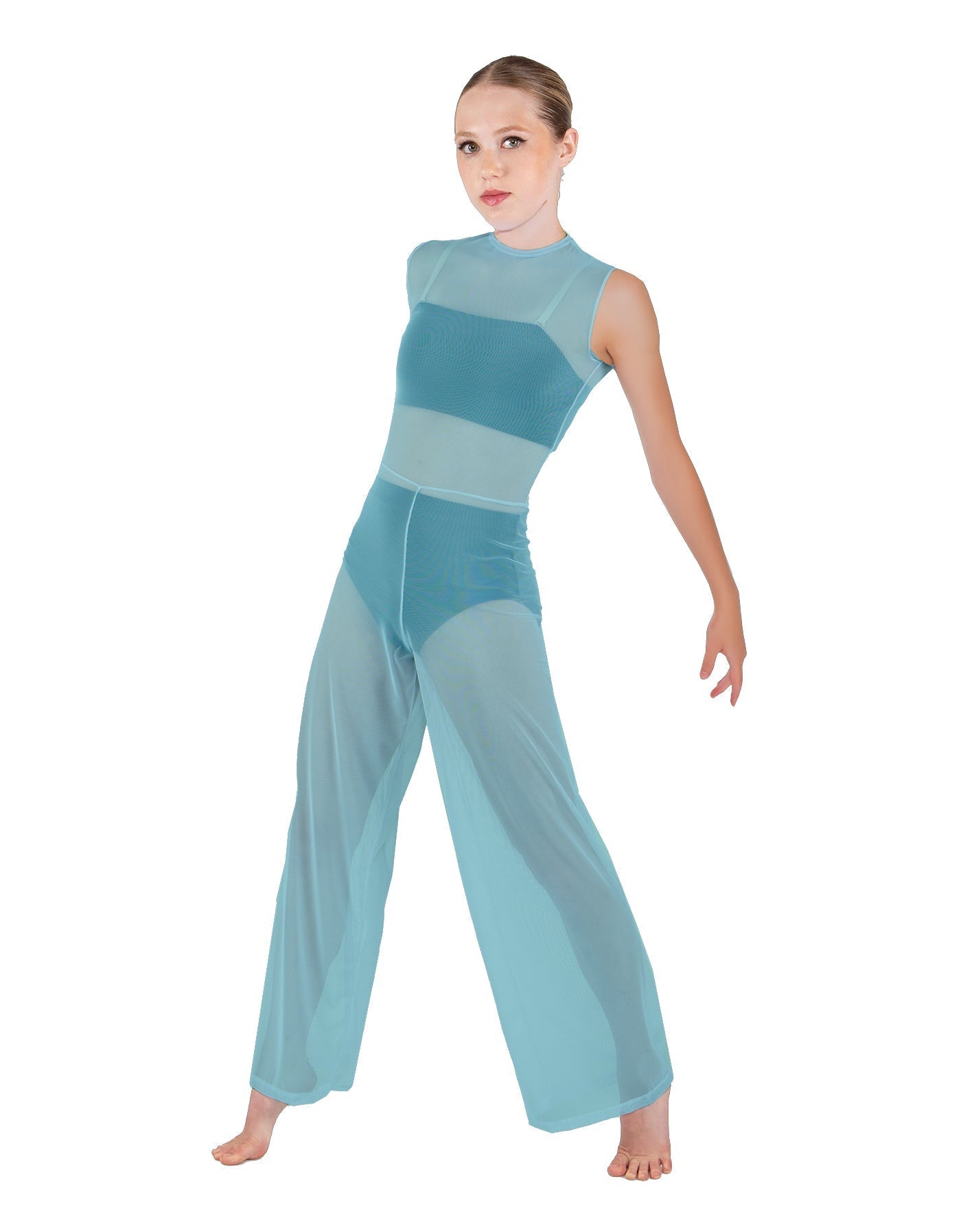 Solid Lycra Keyhole Wide Leg Mesh Unitard with Bandeau and Panty