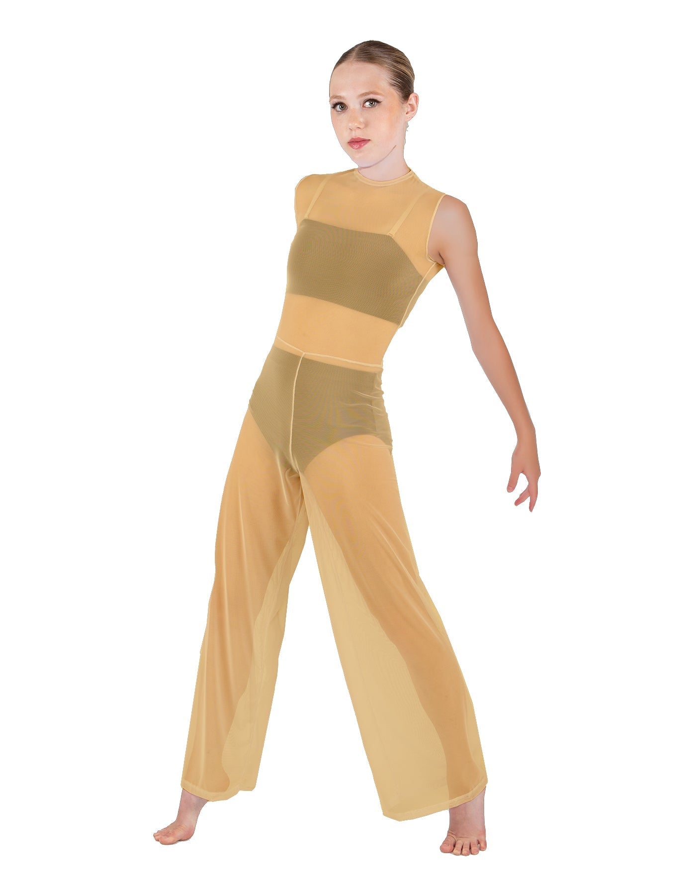 Solid Lycra Keyhole Wide Leg Mesh Unitard with Bandeau and Panty