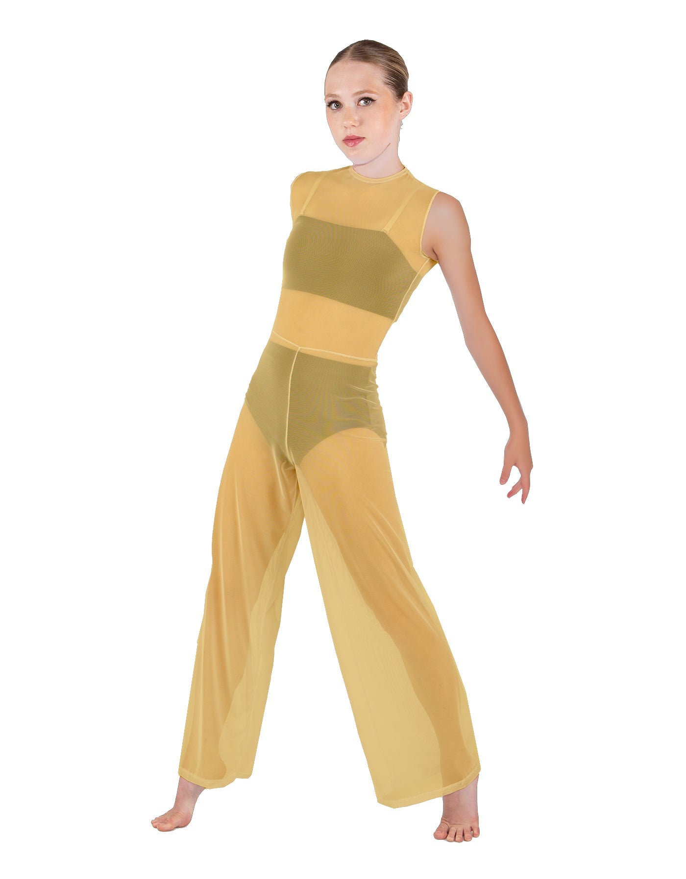 Solid Lycra Keyhole Wide Leg Mesh Unitard with Bandeau and Panty