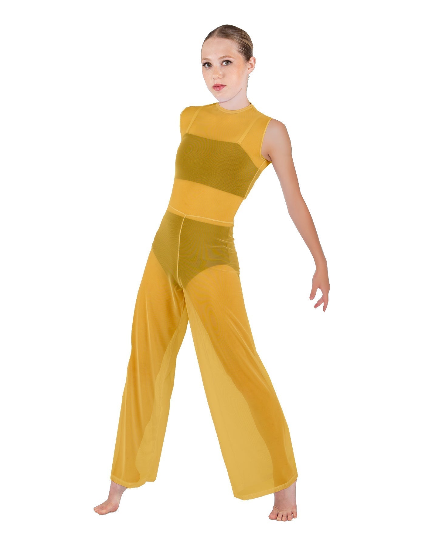 Solid Lycra Keyhole Wide Leg Mesh Unitard with Bandeau and Panty