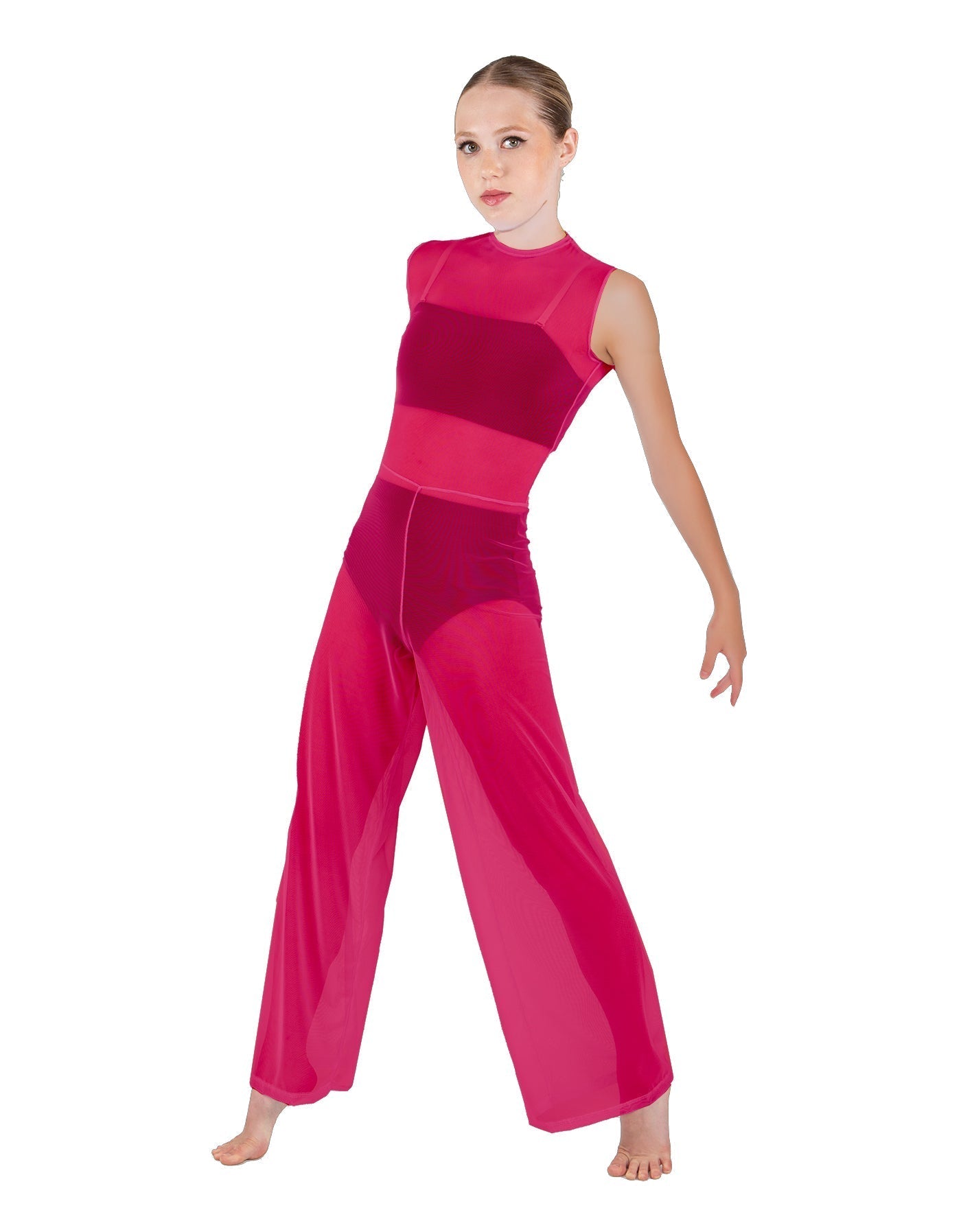 Solid Lycra Keyhole Wide Leg Mesh Unitard with Bandeau and Panty