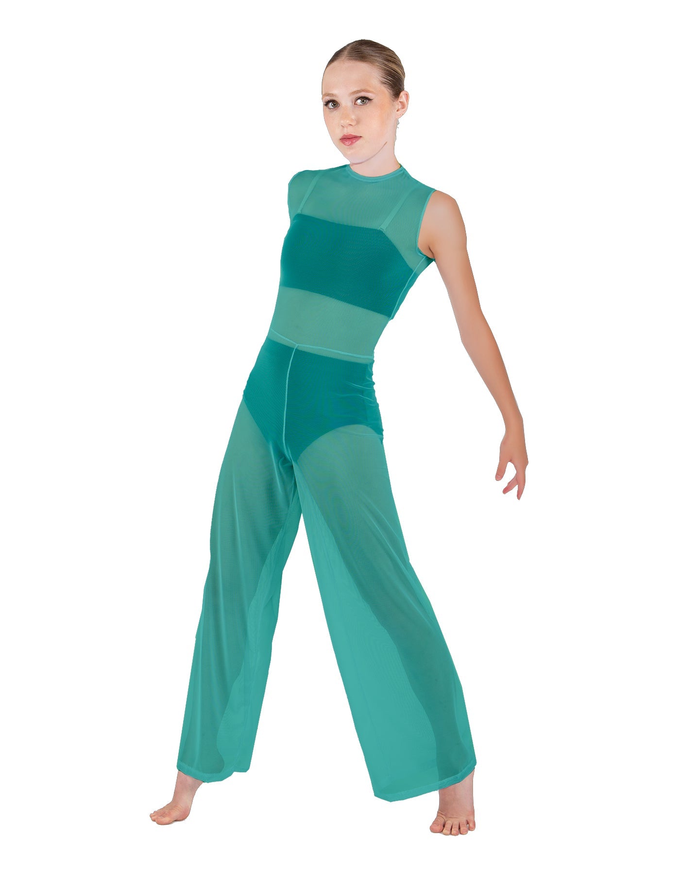 Solid Lycra Keyhole Wide Leg Mesh Unitard with Bandeau and Panty