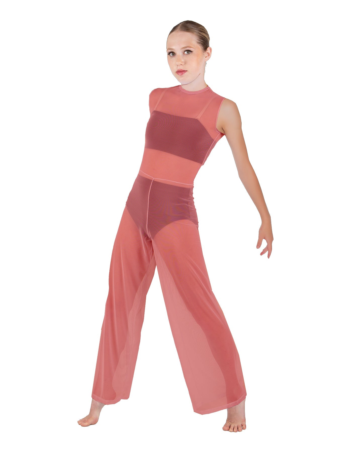 Solid Lycra Keyhole Wide Leg Mesh Unitard with Bandeau and Panty
