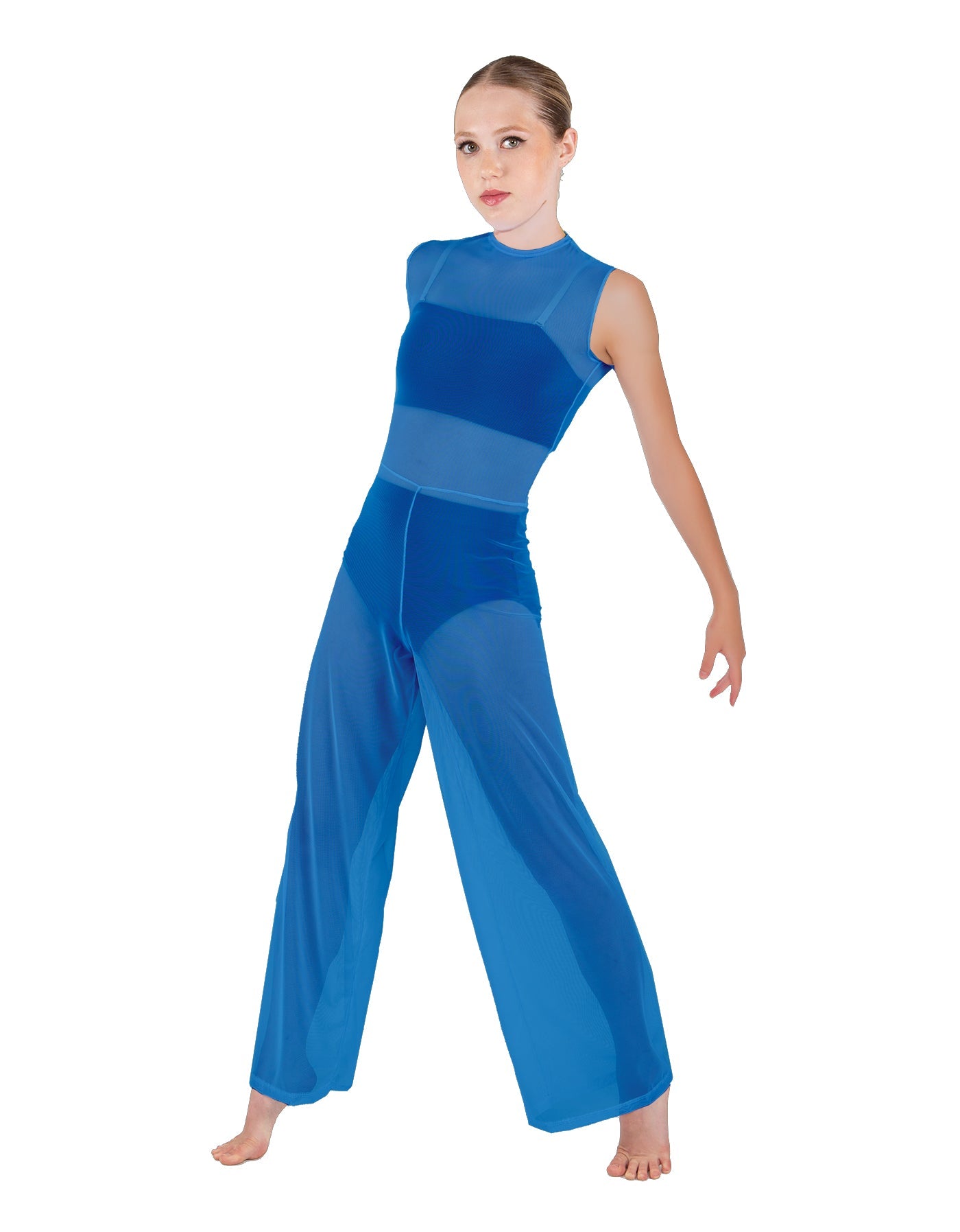 Solid Lycra Keyhole Wide Leg Mesh Unitard with Bandeau and Panty