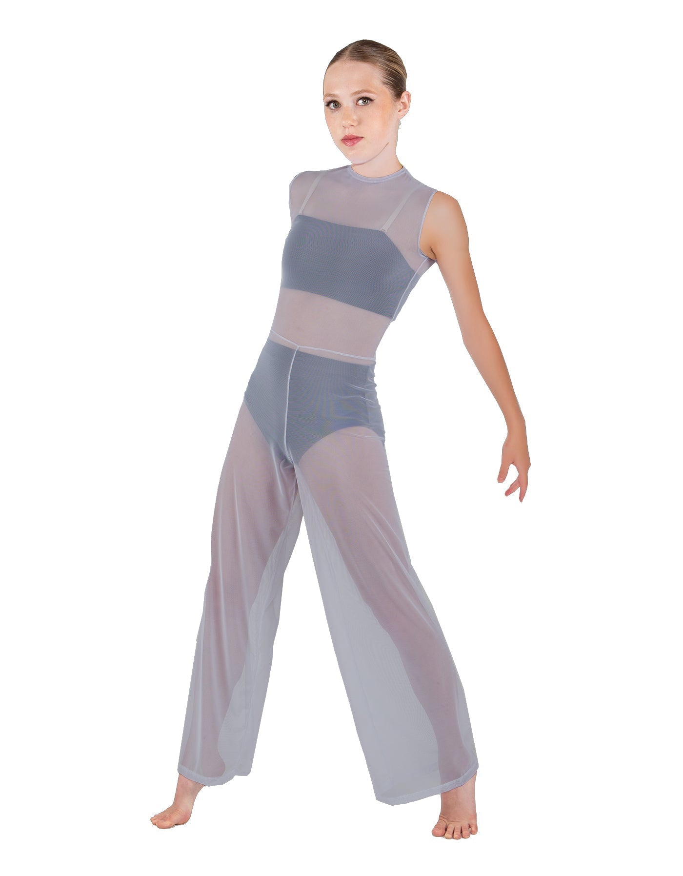 Solid Lycra Keyhole Wide Leg Mesh Unitard with Bandeau and Panty