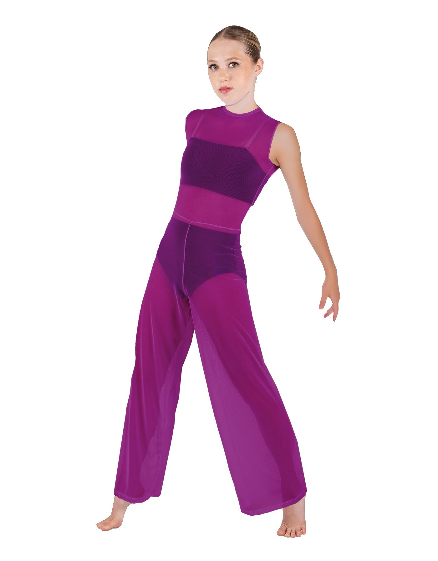 Solid Lycra Keyhole Wide Leg Mesh Unitard with Bandeau and Panty