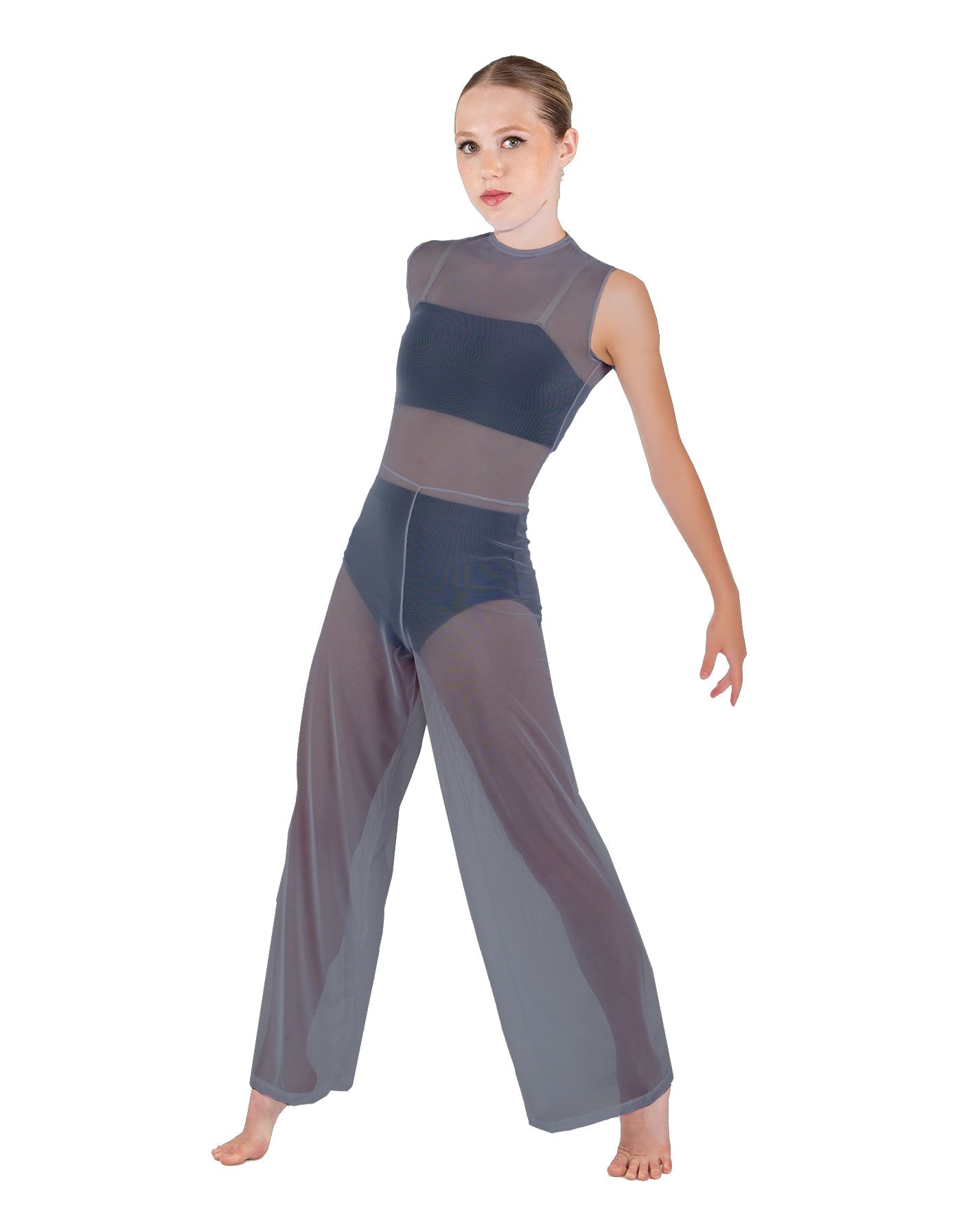 Solid Lycra Keyhole Wide Leg Mesh Unitard with Bandeau and Panty