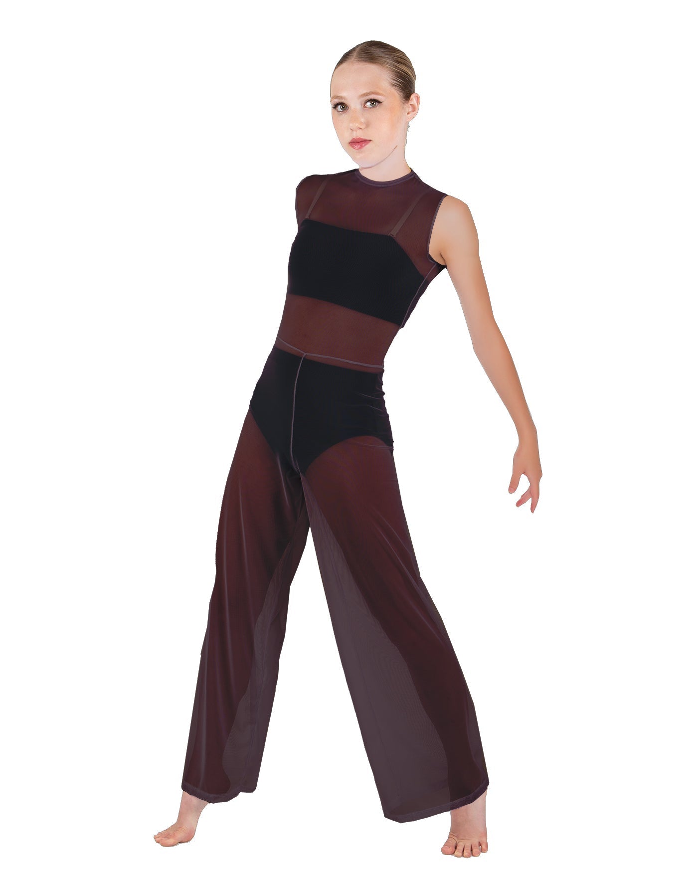 Solid Lycra Keyhole Wide Leg Mesh Unitard with Bandeau and Panty