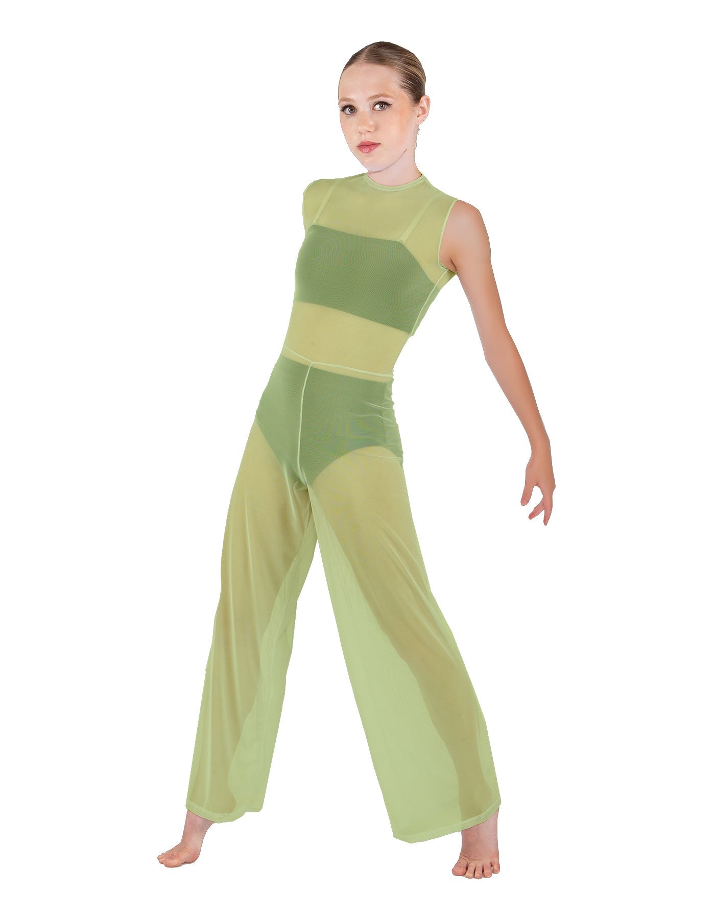 Solid Lycra Keyhole Wide Leg Mesh Unitard with Bandeau and Panty