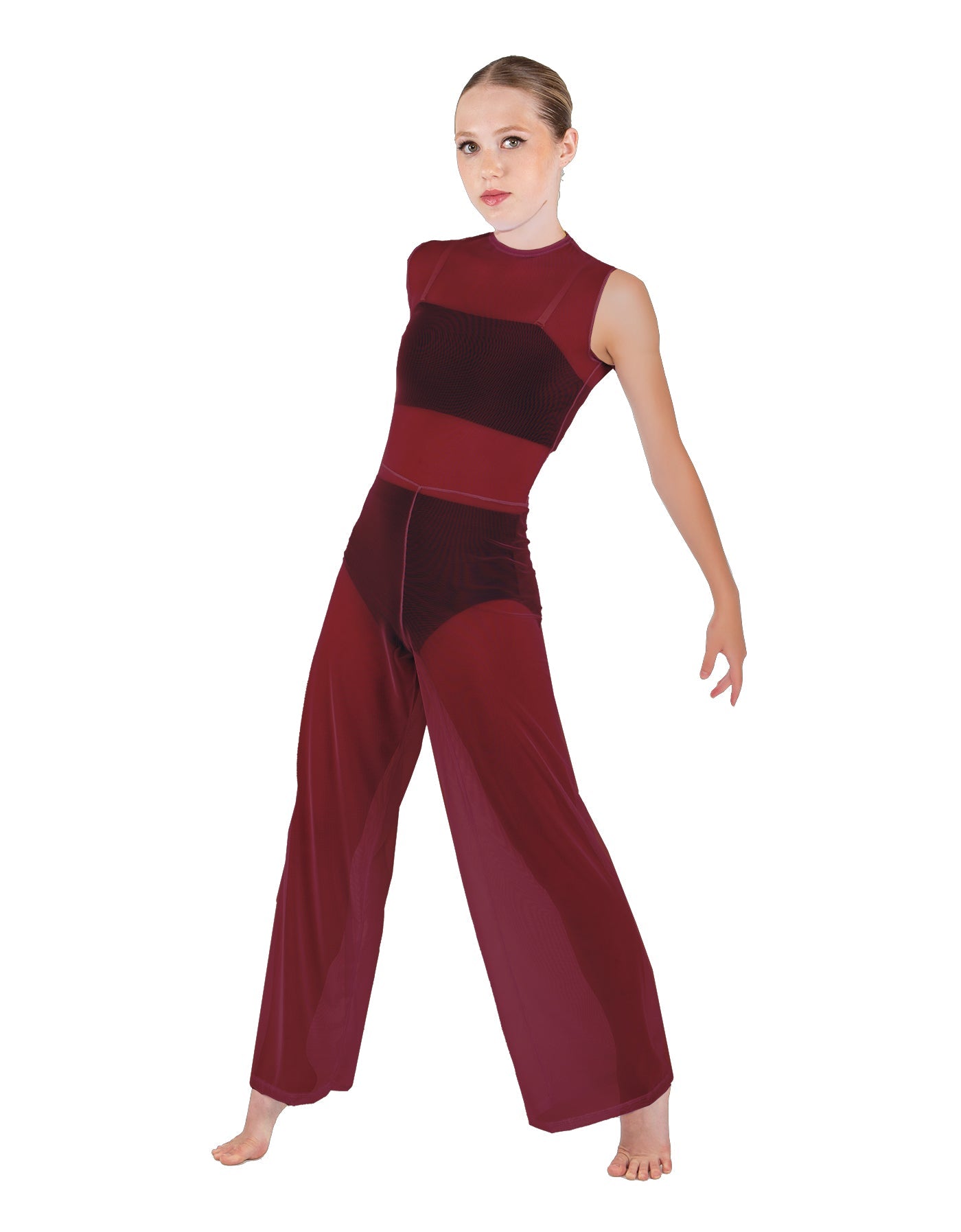 Solid Lycra Keyhole Wide Leg Mesh Unitard with Bandeau and Panty