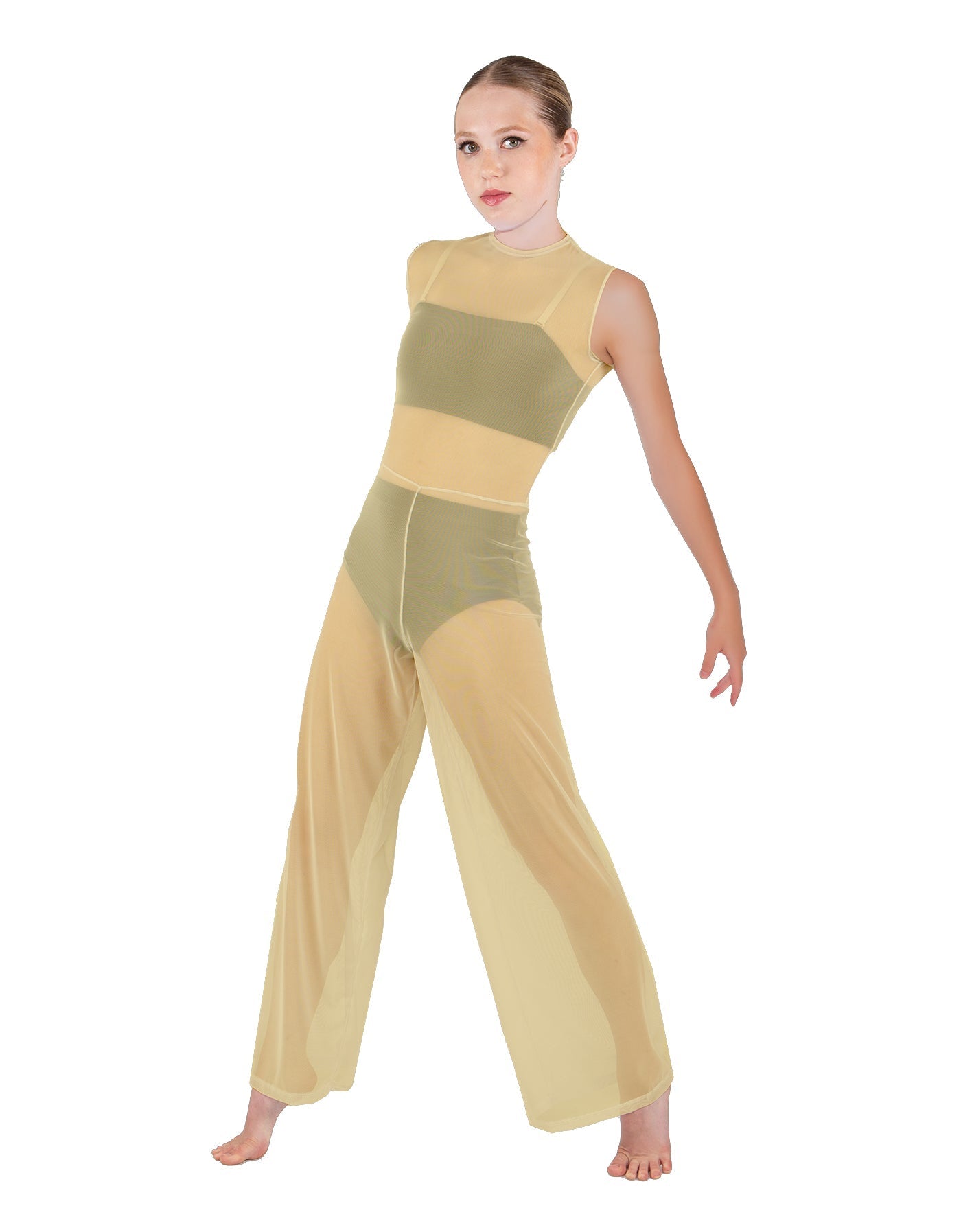 Solid Lycra Keyhole Wide Leg Mesh Unitard with Bandeau and Panty