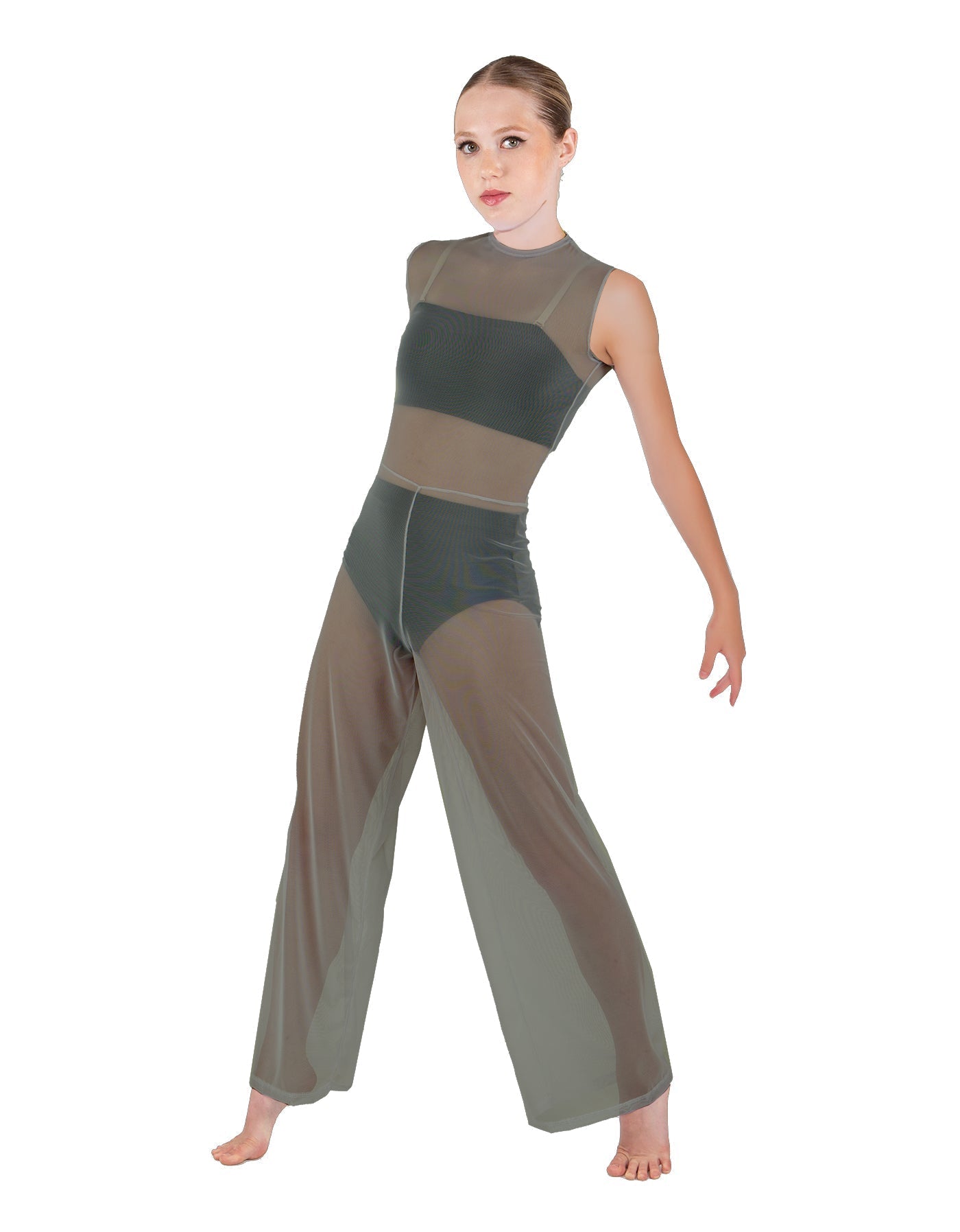 Solid Lycra Keyhole Wide Leg Mesh Unitard with Bandeau and Panty