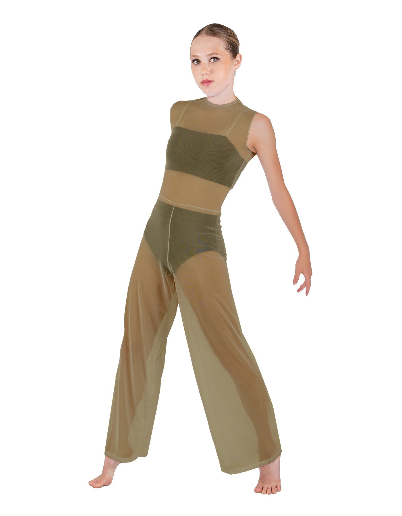 Solid Lycra Keyhole Wide Leg Mesh Unitard with Bandeau and Panty