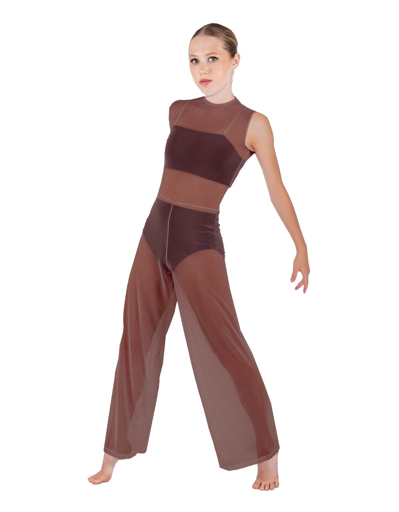 Solid Lycra Keyhole Wide Leg Mesh Unitard with Bandeau and Panty