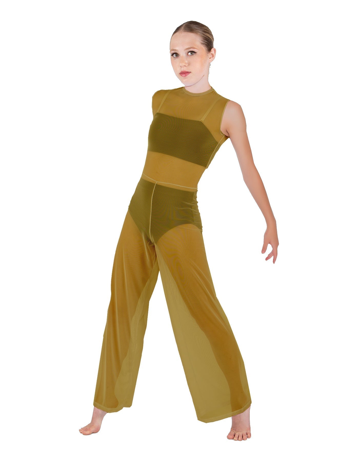 Solid Lycra Keyhole Wide Leg Mesh Unitard with Bandeau and Panty