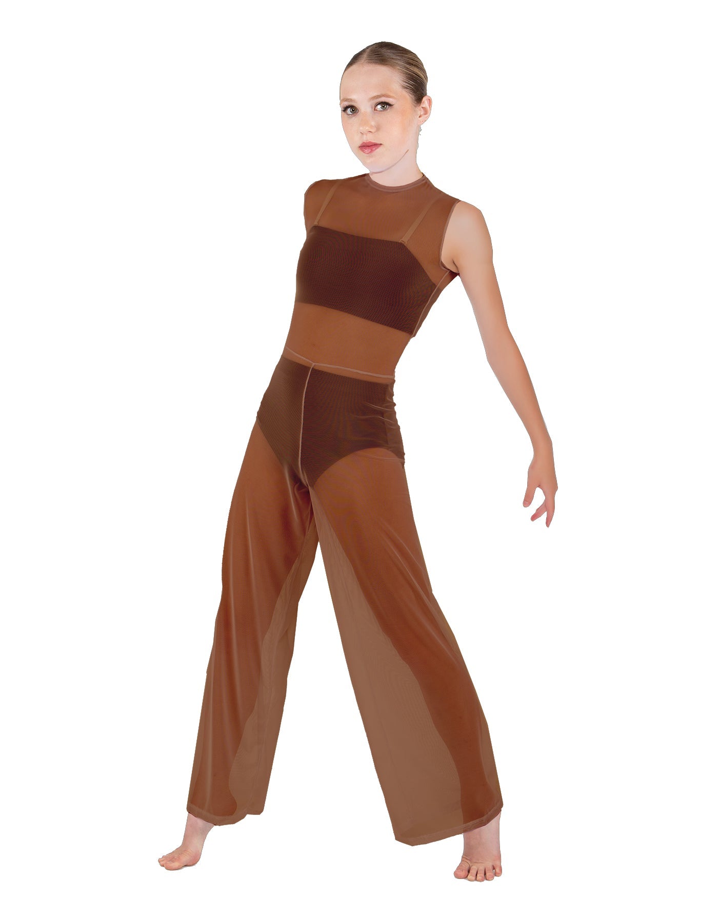 Solid Lycra Keyhole Wide Leg Mesh Unitard with Bandeau and Panty