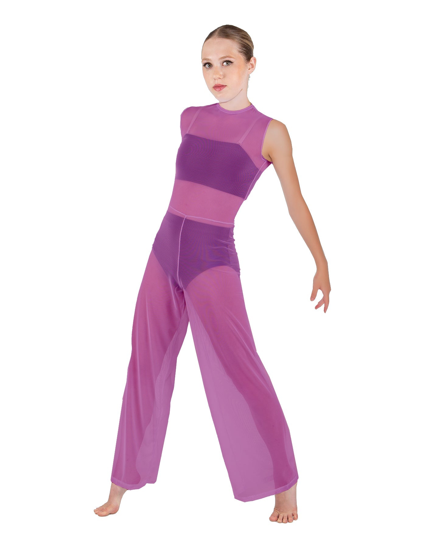 Solid Lycra Keyhole Wide Leg Mesh Unitard with Bandeau and Panty