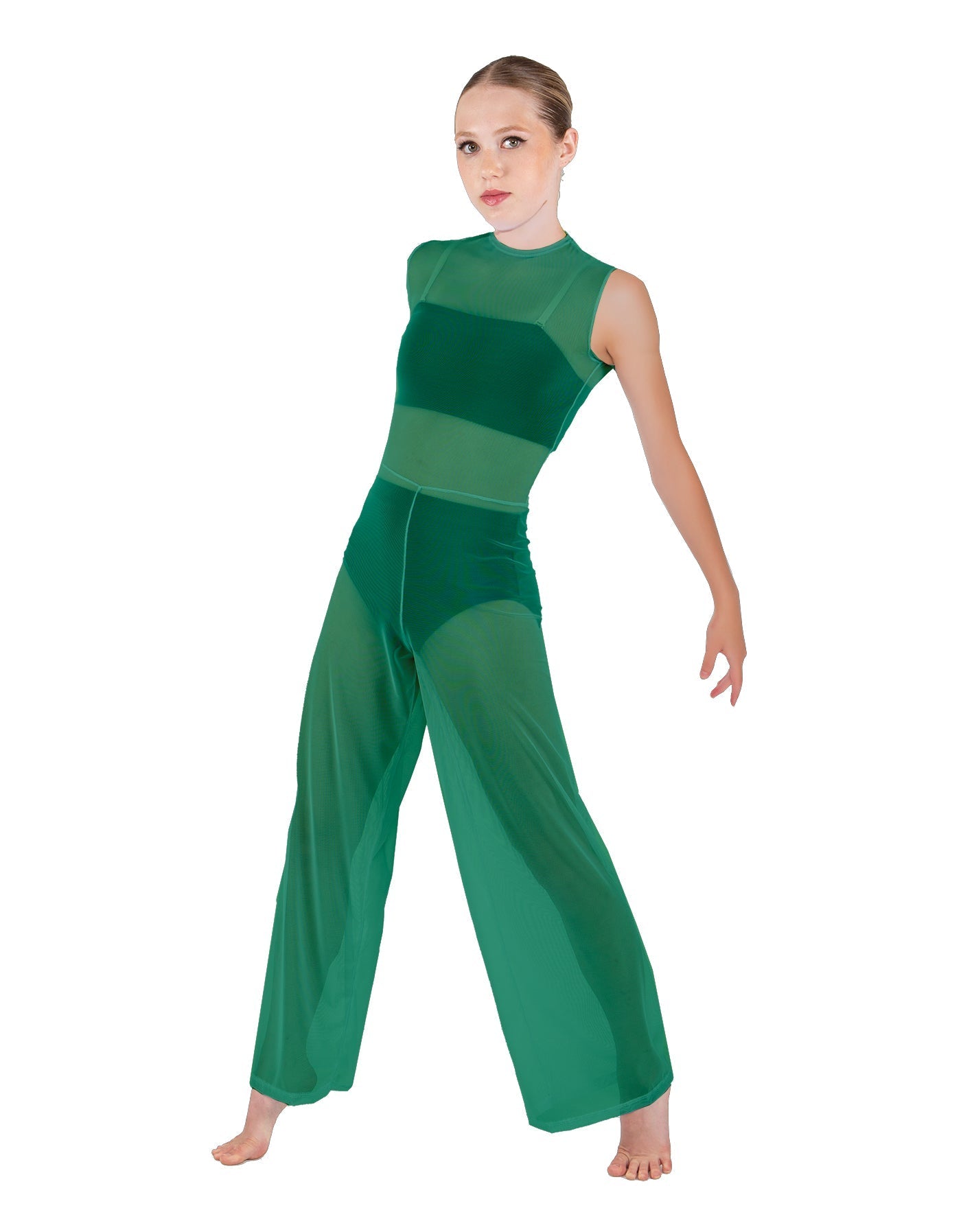 Solid Lycra Keyhole Wide Leg Mesh Unitard with Bandeau and Panty