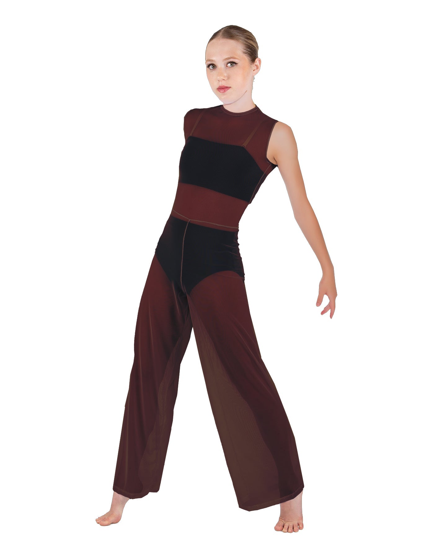 Solid Lycra Keyhole Wide Leg Mesh Unitard with Bandeau and Panty