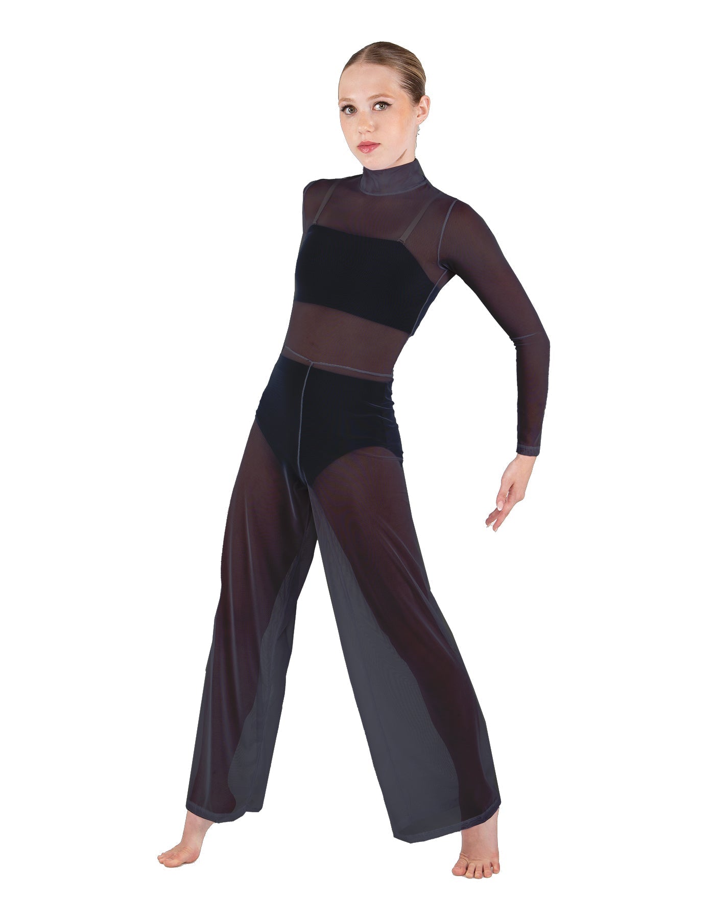 Solid Mesh LS TNeck Keyhole Wide Leg Mesh Unitard with Bandeau and Panty