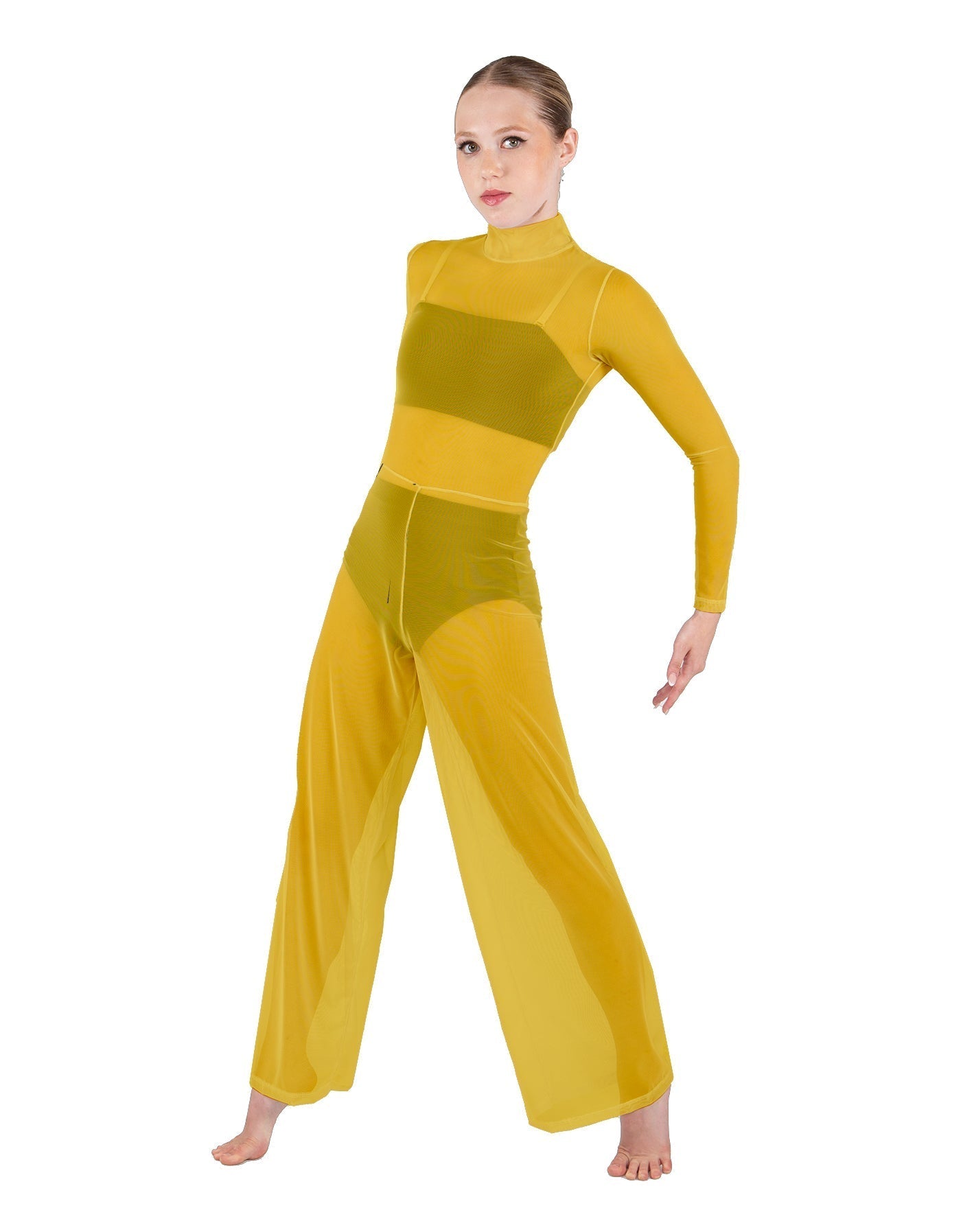 Solid Mesh LS TNeck Keyhole Wide Leg Mesh Unitard with Bandeau and Panty