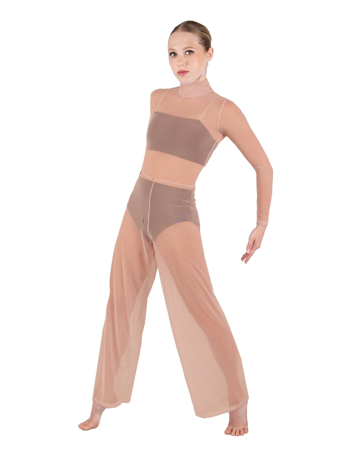 Solid Mesh LS TNeck Keyhole Wide Leg Mesh Unitard with Bandeau and Panty