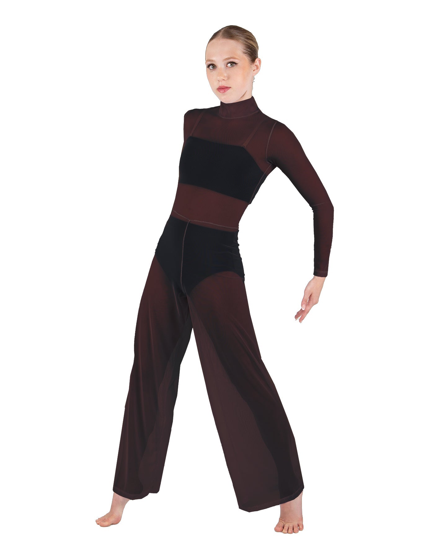 Solid Mesh LS TNeck Keyhole Wide Leg Mesh Unitard with Bandeau and Panty