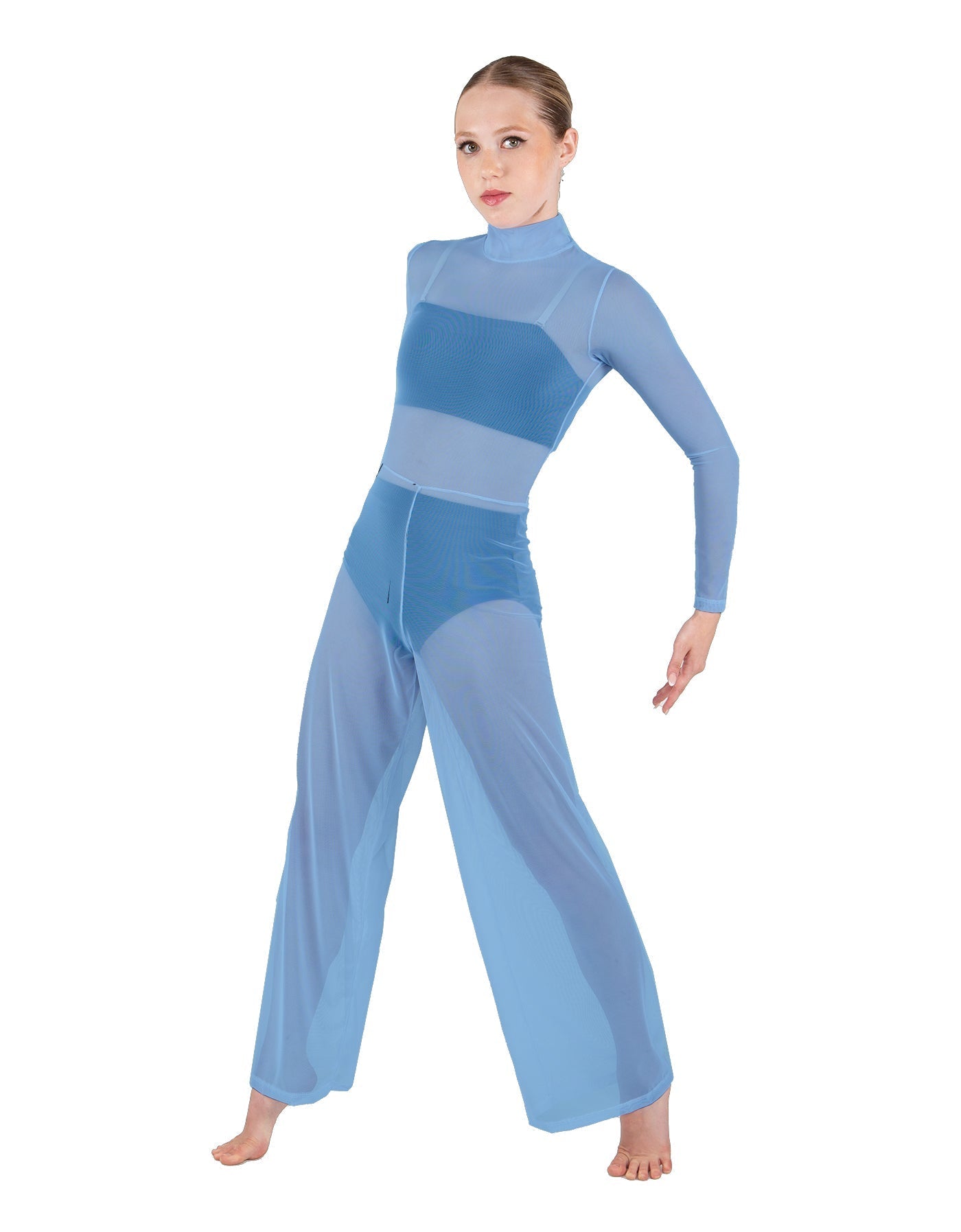 Solid Mesh LS TNeck Keyhole Wide Leg Mesh Unitard with Bandeau and Panty