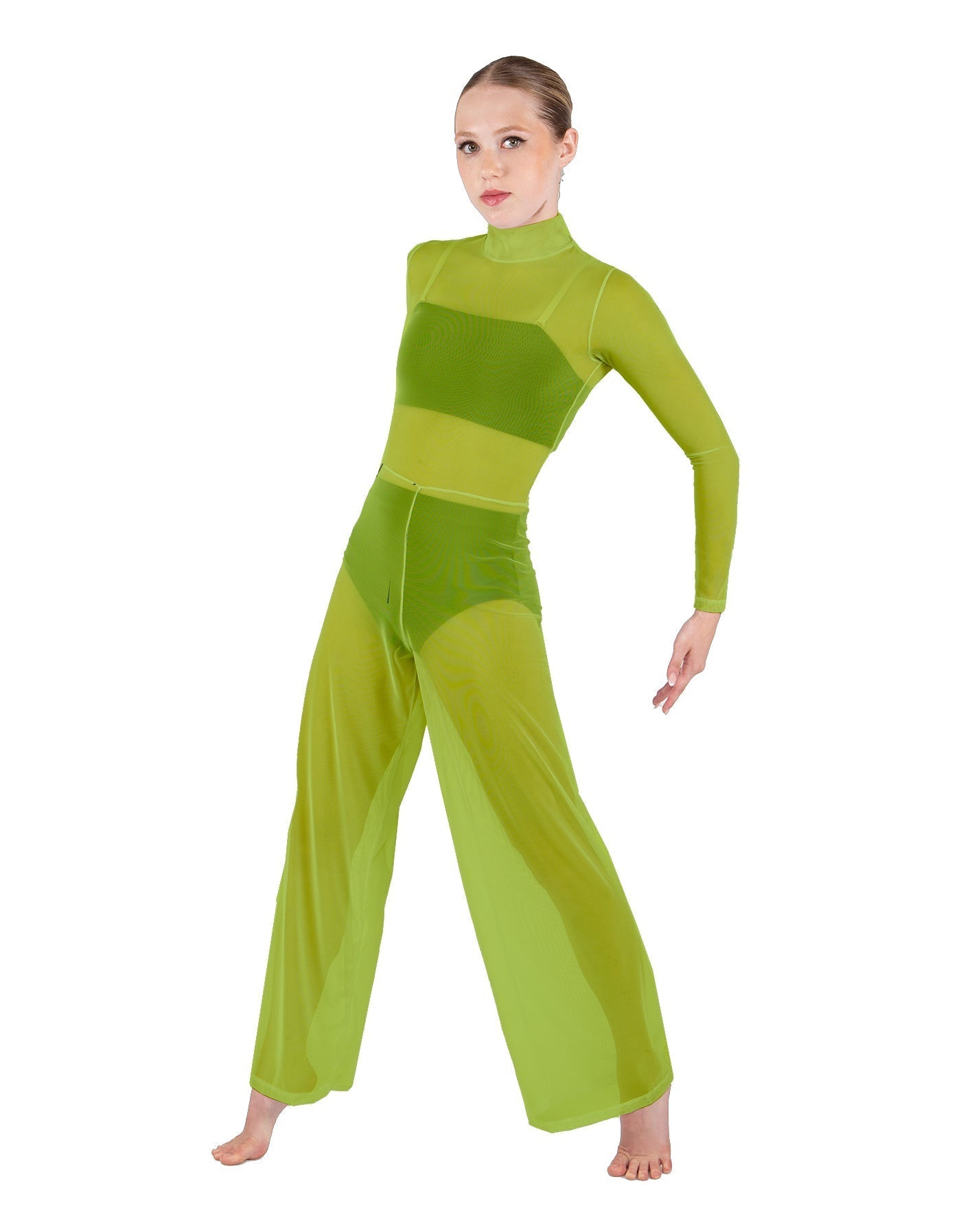 Solid Mesh LS TNeck Keyhole Wide Leg Mesh Unitard with Bandeau and Panty