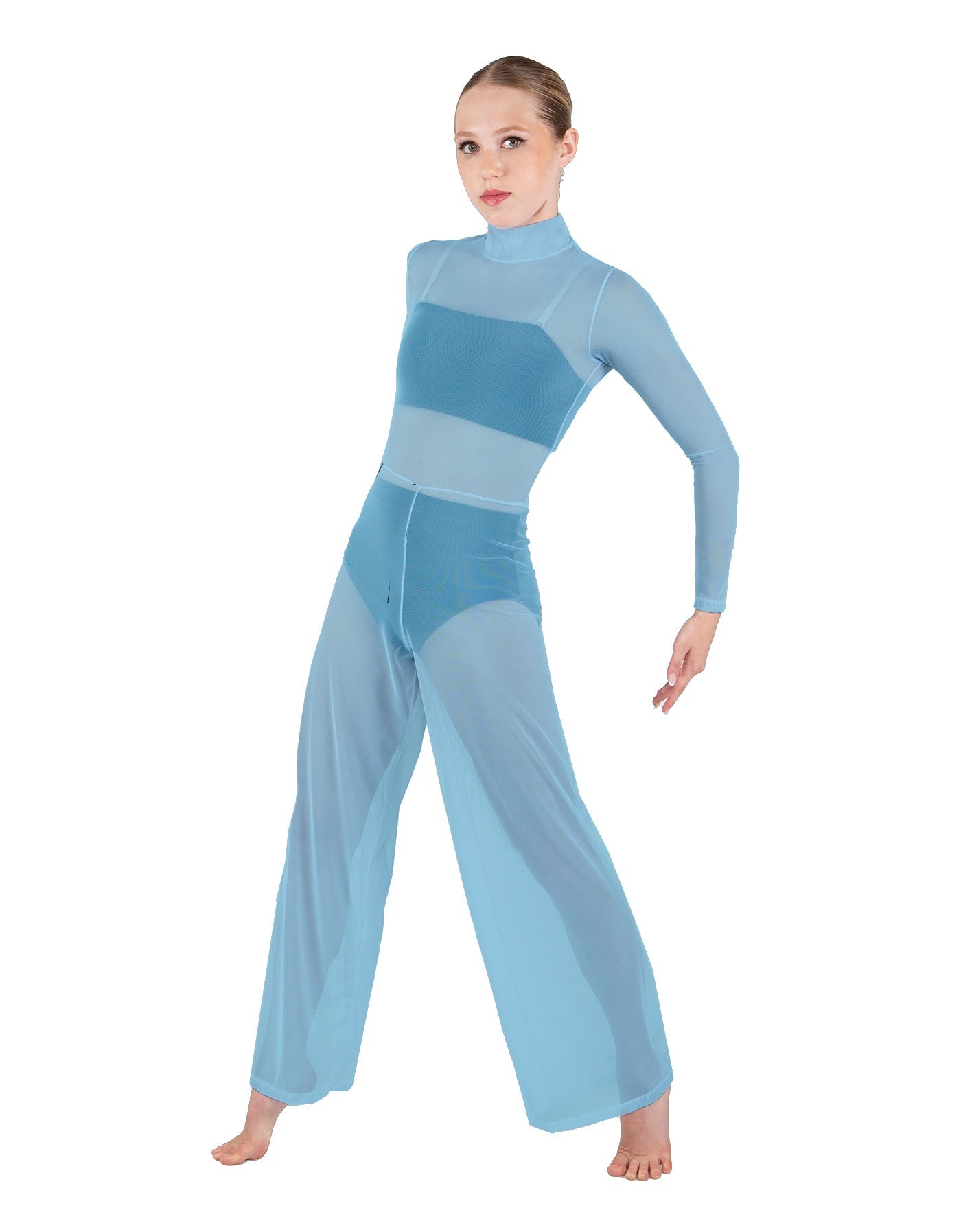 Solid Mesh LS TNeck Keyhole Wide Leg Mesh Unitard with Bandeau and Panty