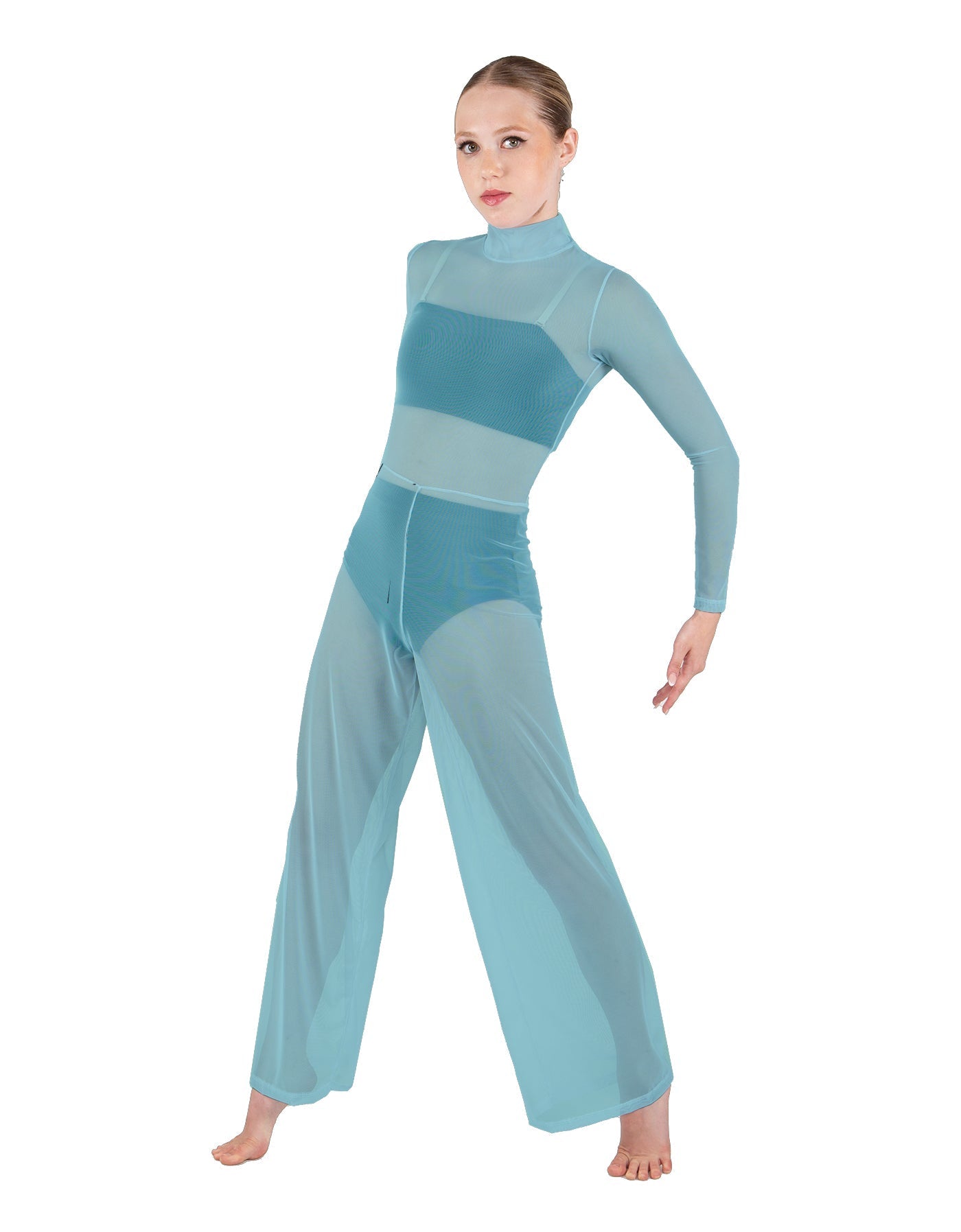 Solid Mesh LS TNeck Keyhole Wide Leg Mesh Unitard with Bandeau and Panty