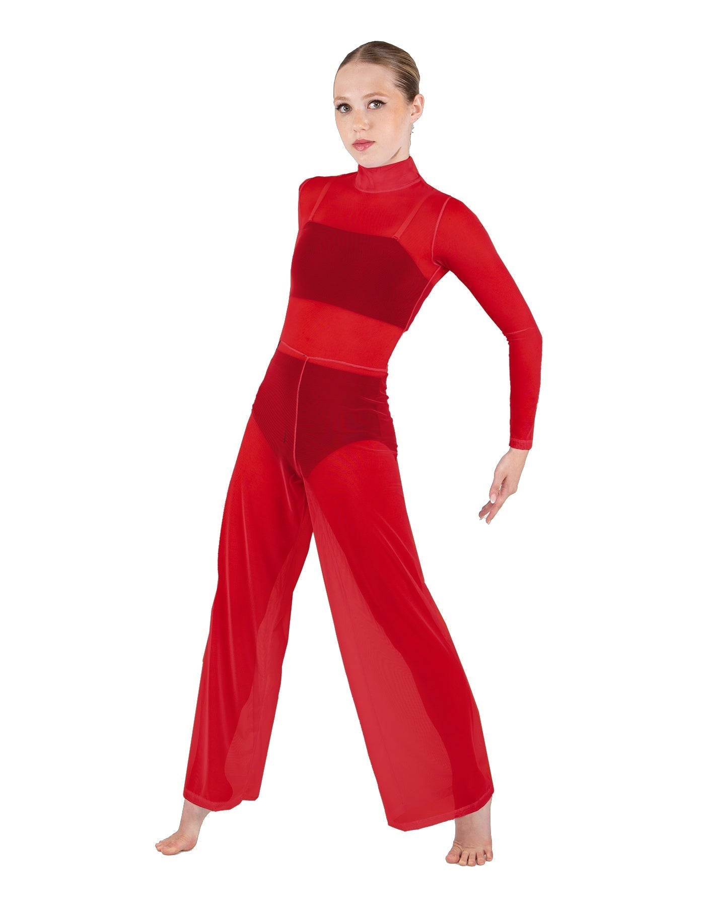 Solid Mesh LS TNeck Keyhole Wide Leg Mesh Unitard with Bandeau and Panty