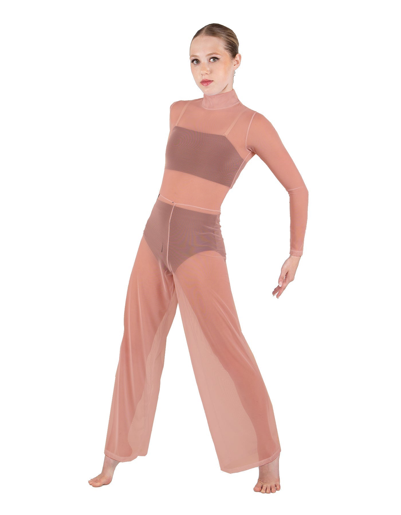 Solid Mesh LS TNeck Keyhole Wide Leg Mesh Unitard with Bandeau and Panty
