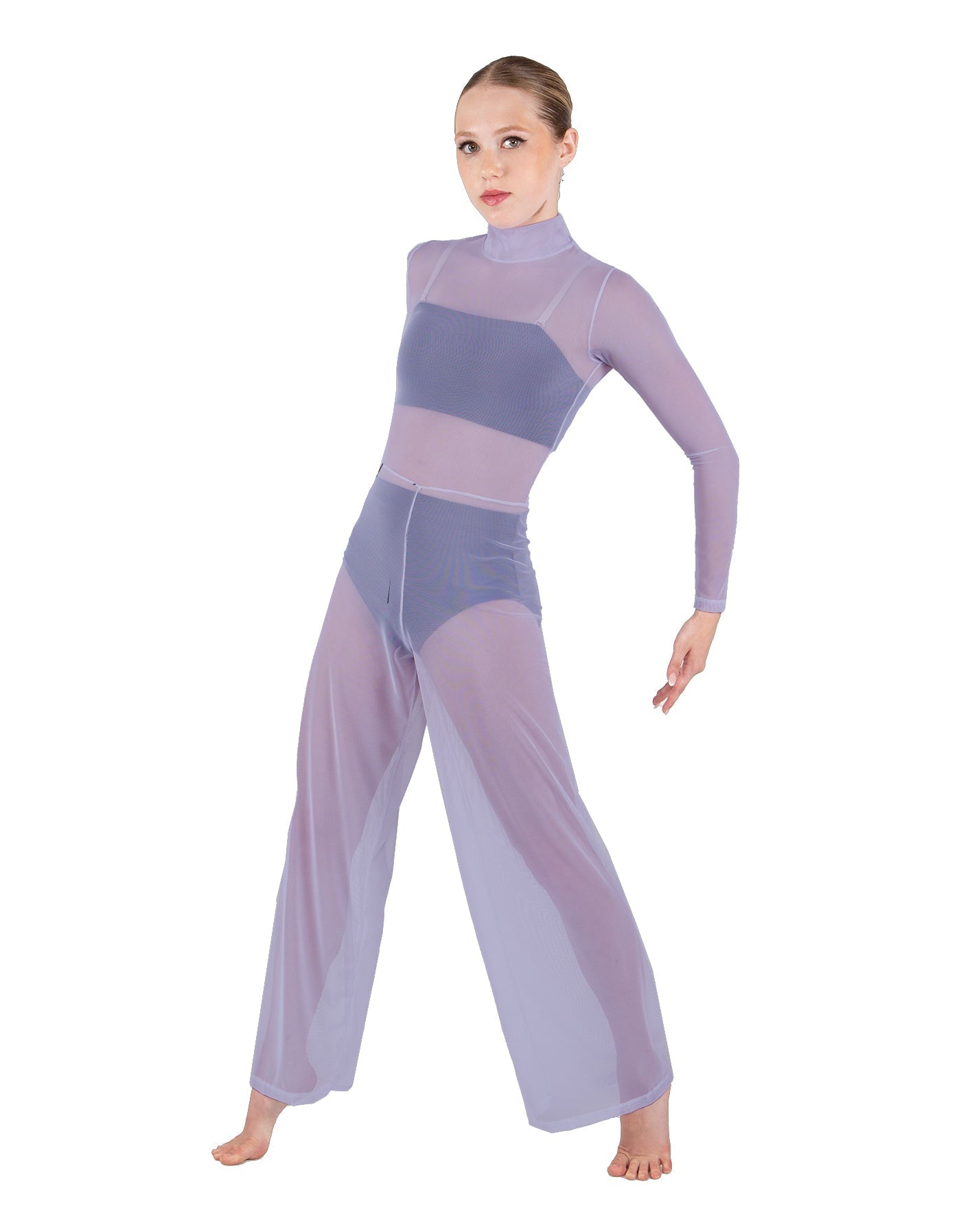 Solid Mesh LS TNeck Keyhole Wide Leg Mesh Unitard with Bandeau and Panty
