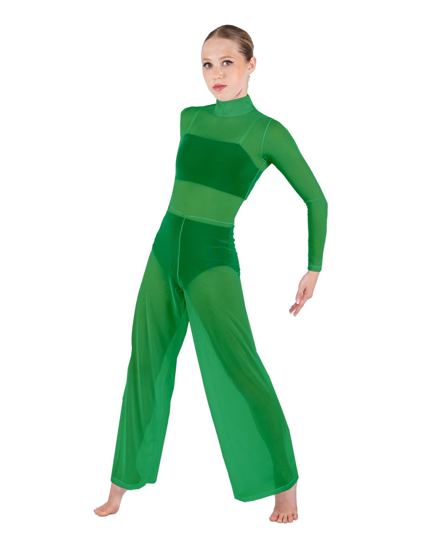 Solid Mesh LS TNeck Keyhole Wide Leg Mesh Unitard with Bandeau and Panty