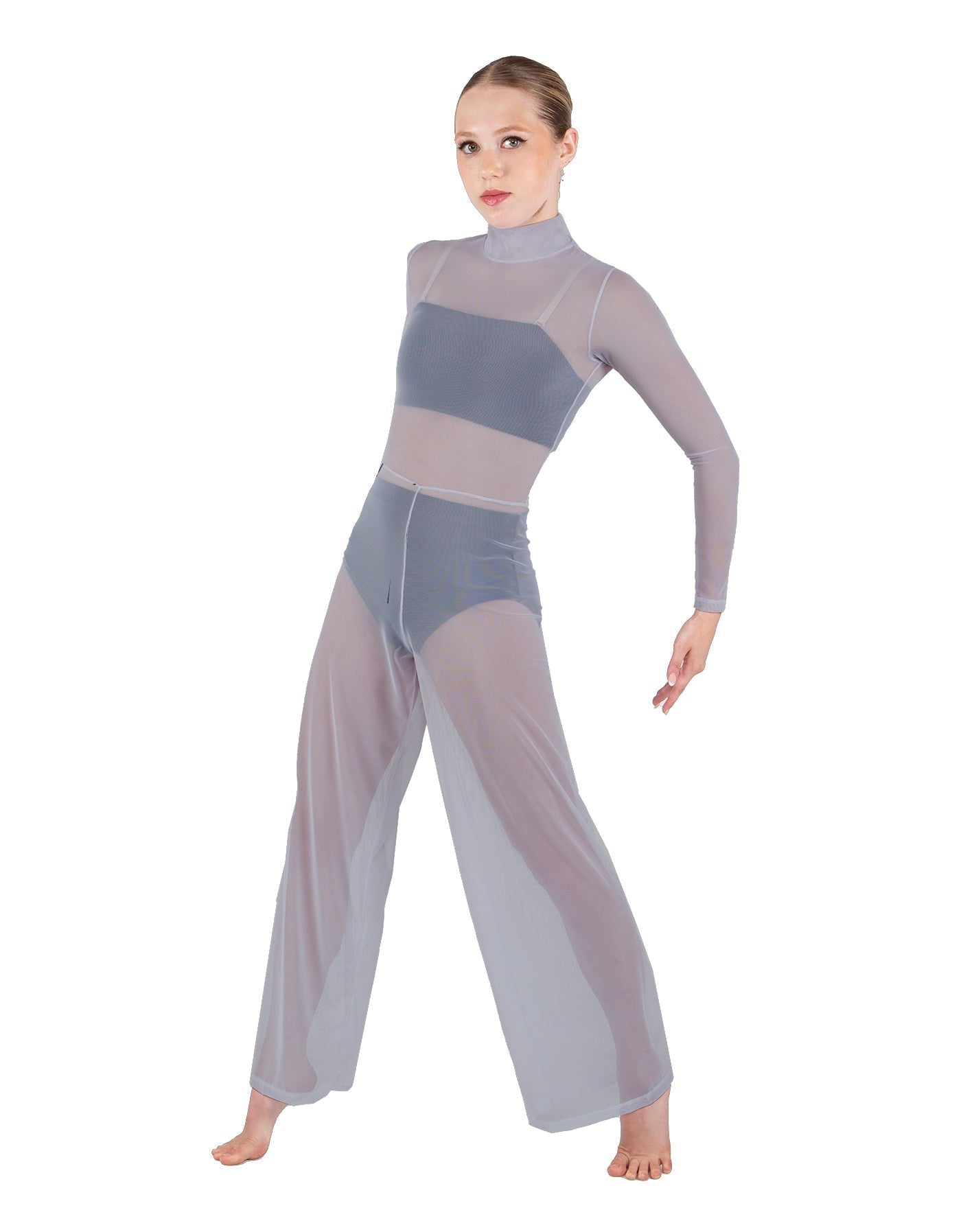 Solid Mesh LS TNeck Keyhole Wide Leg Mesh Unitard with Bandeau and Panty