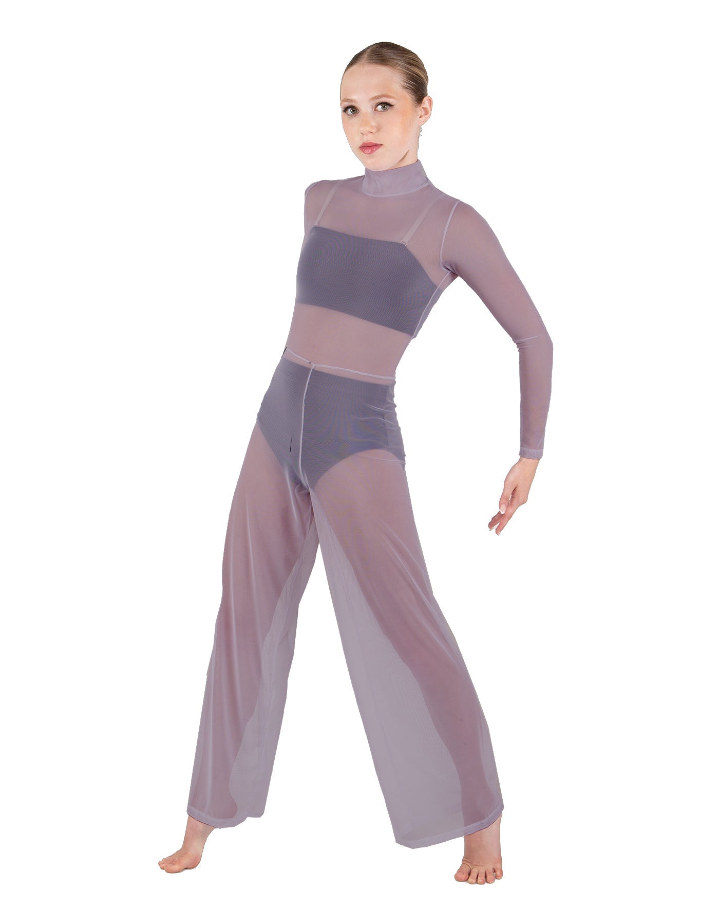 Solid Mesh LS TNeck Keyhole Wide Leg Mesh Unitard with Bandeau and Panty