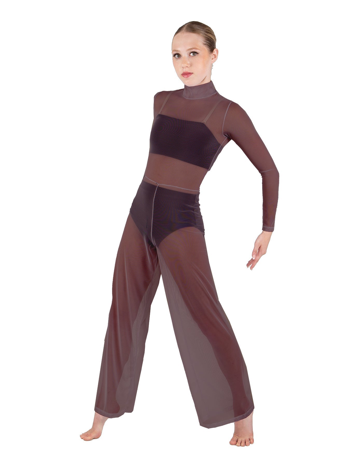 Solid Mesh LS TNeck Keyhole Wide Leg Mesh Unitard with Bandeau and Panty