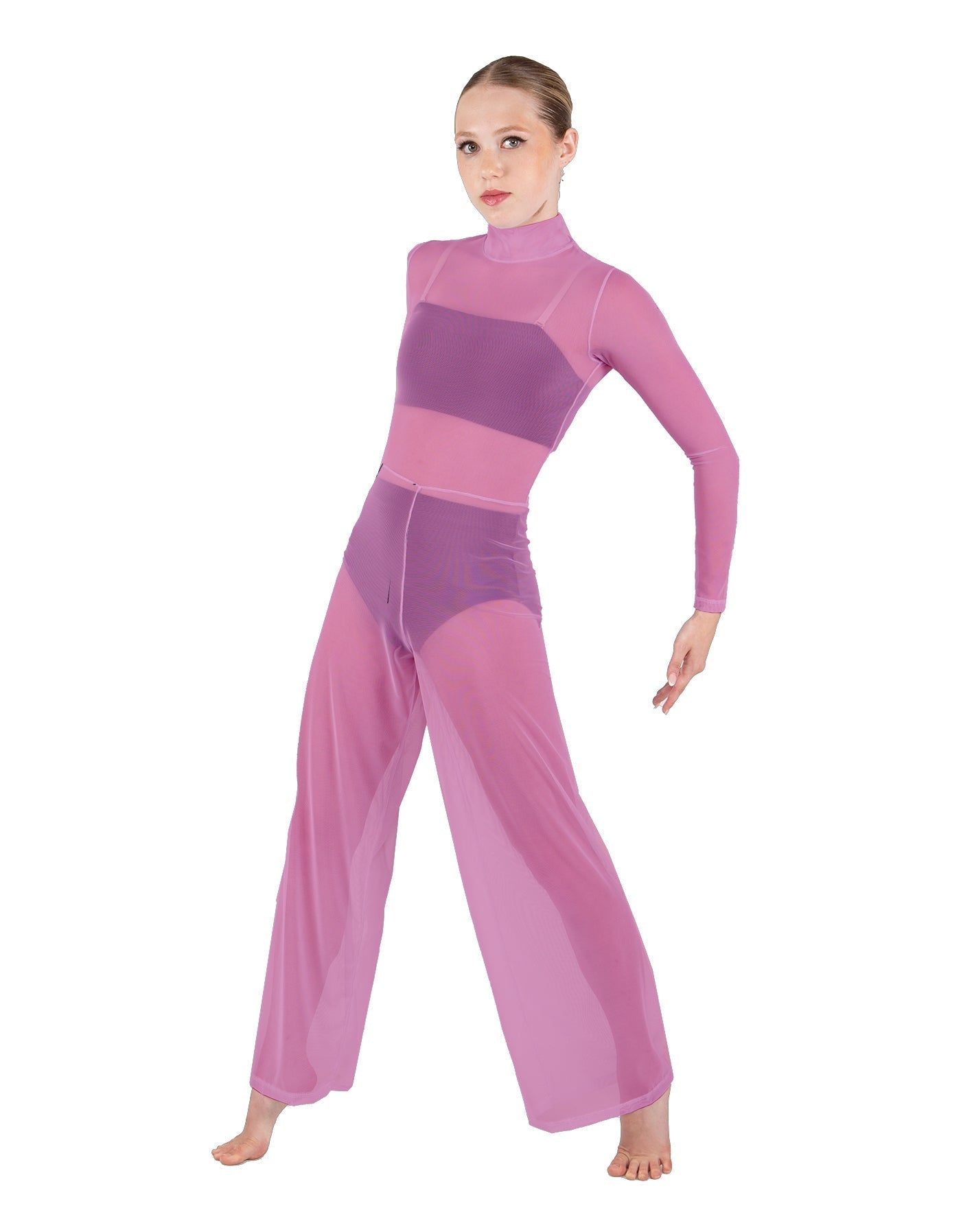 Solid Mesh LS TNeck Keyhole Wide Leg Mesh Unitard with Bandeau and Panty