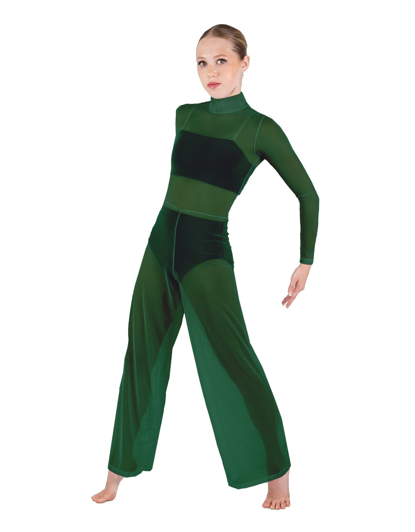 Solid Mesh LS TNeck Keyhole Wide Leg Mesh Unitard with Bandeau and Panty