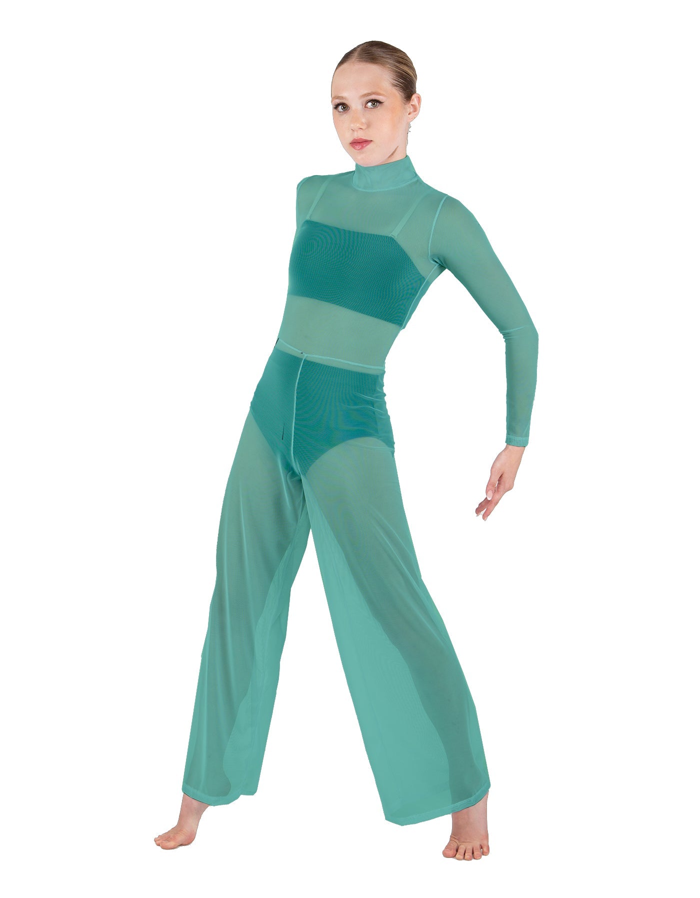 Solid Mesh LS TNeck Keyhole Wide Leg Mesh Unitard with Bandeau and Panty
